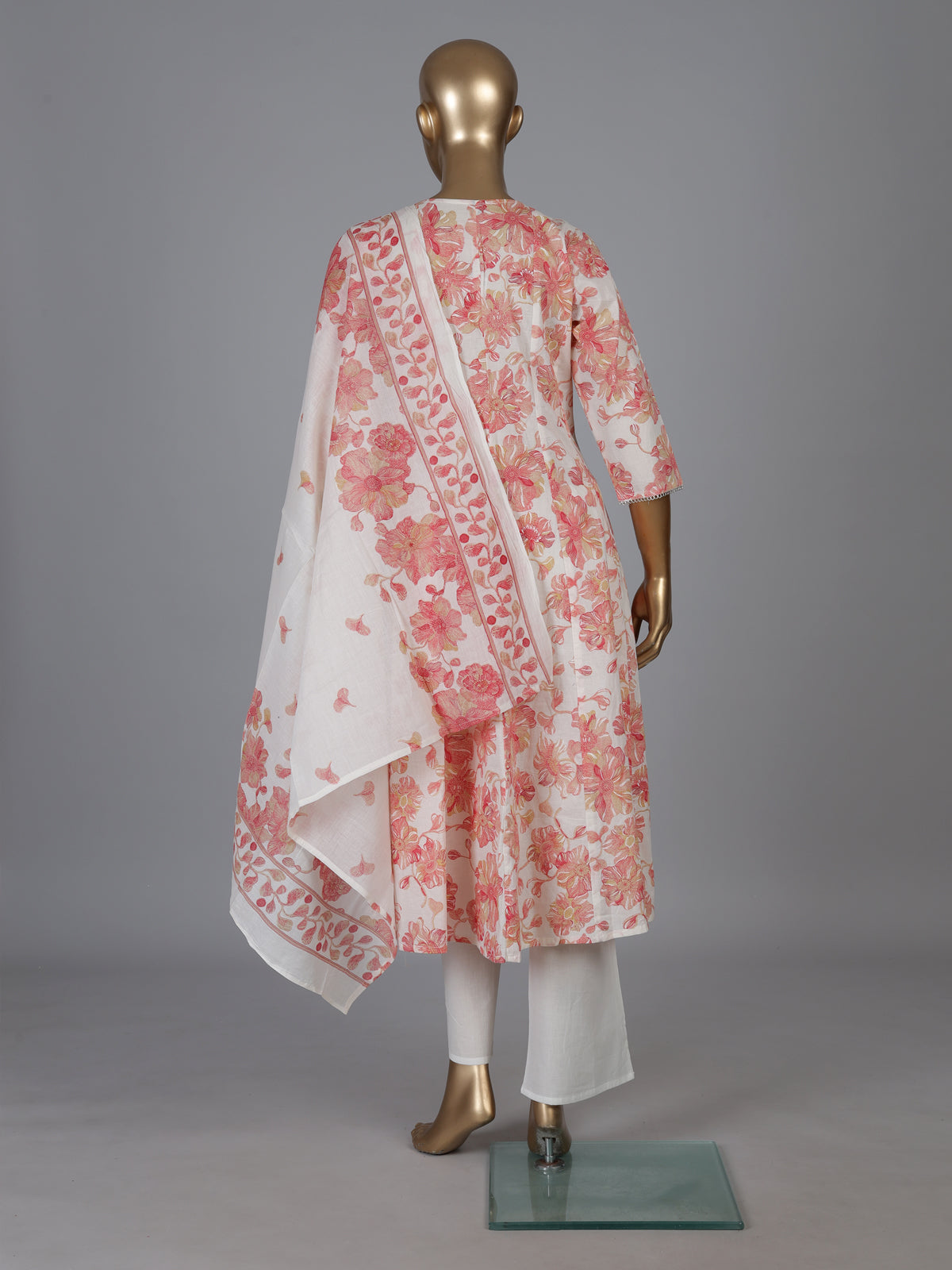 White cotton linen kurti set with red floral yoke