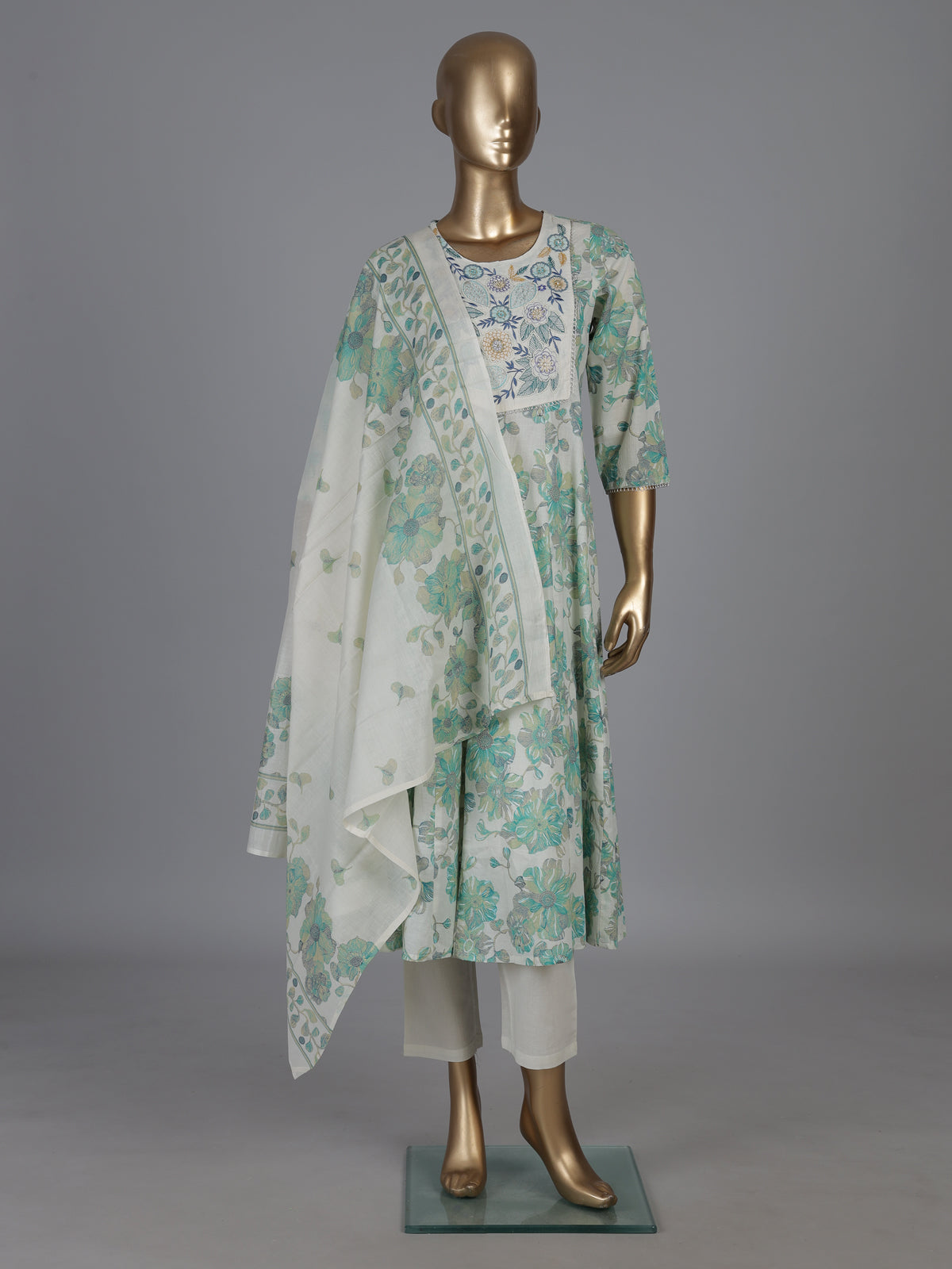 White cotton linen kurti set with green floral yoke