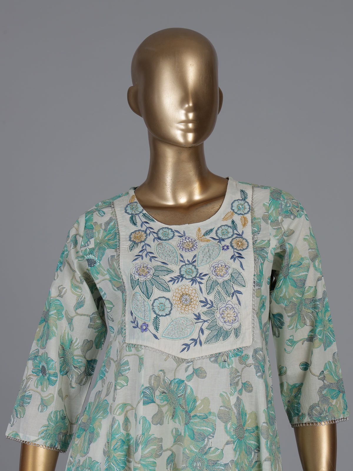 White cotton linen kurti set with green floral yoke