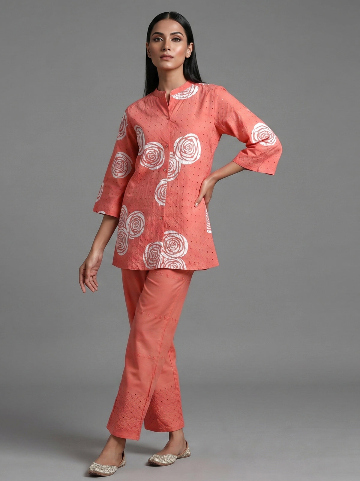Dark peach cotton co ord set with printed cut work
