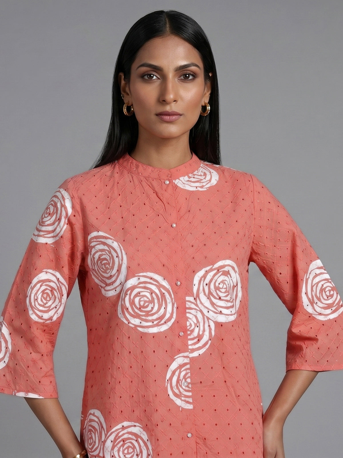Dark peach cotton co ord set with printed cut work