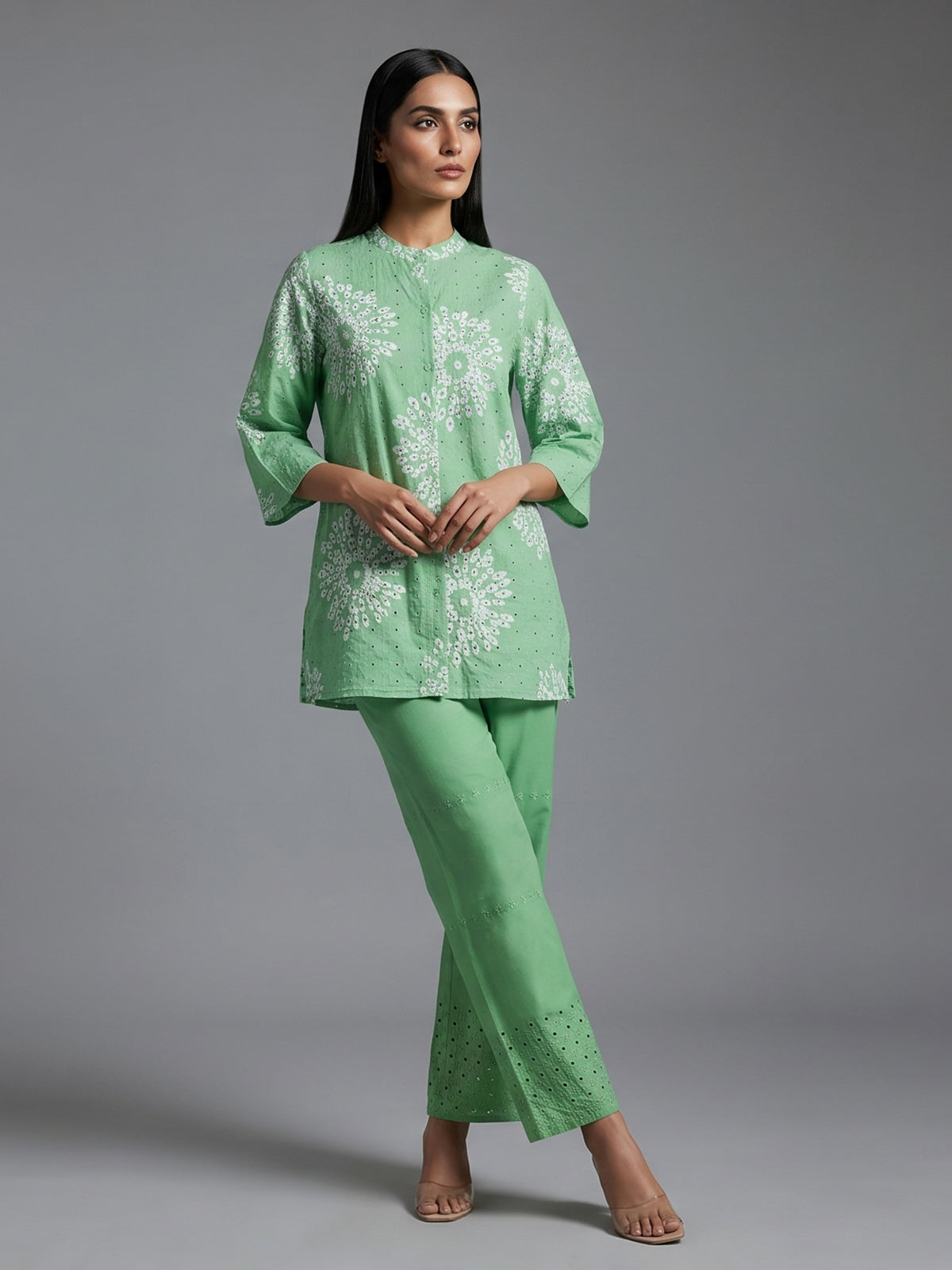 Mint green cotton co ord set with floral cut work