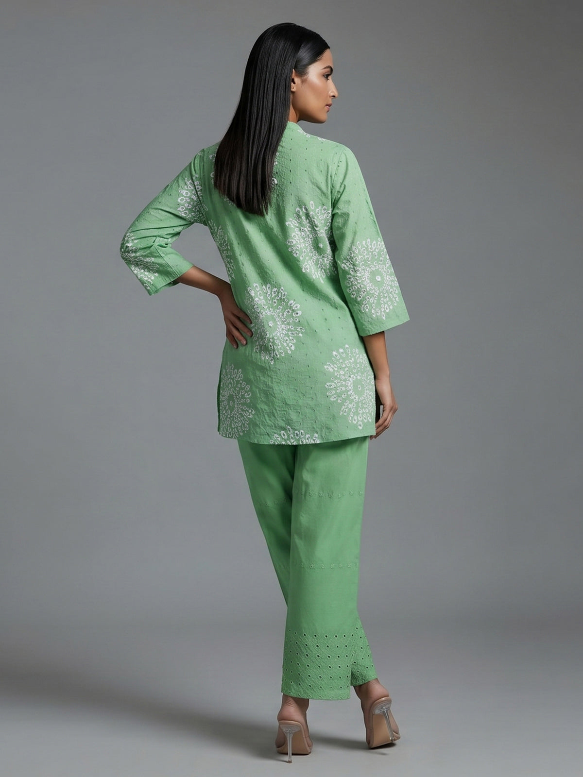 Mint green cotton co ord set with floral cut work