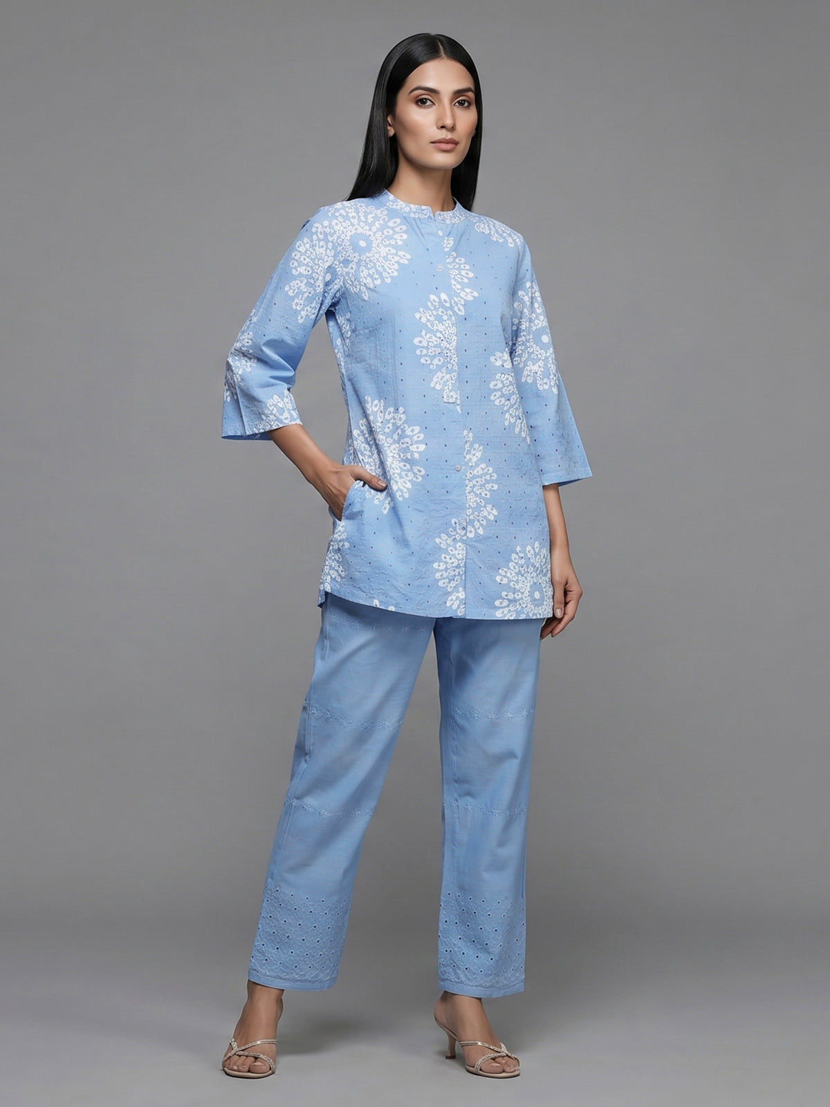 Mint blue cotton co ord set with cut work design