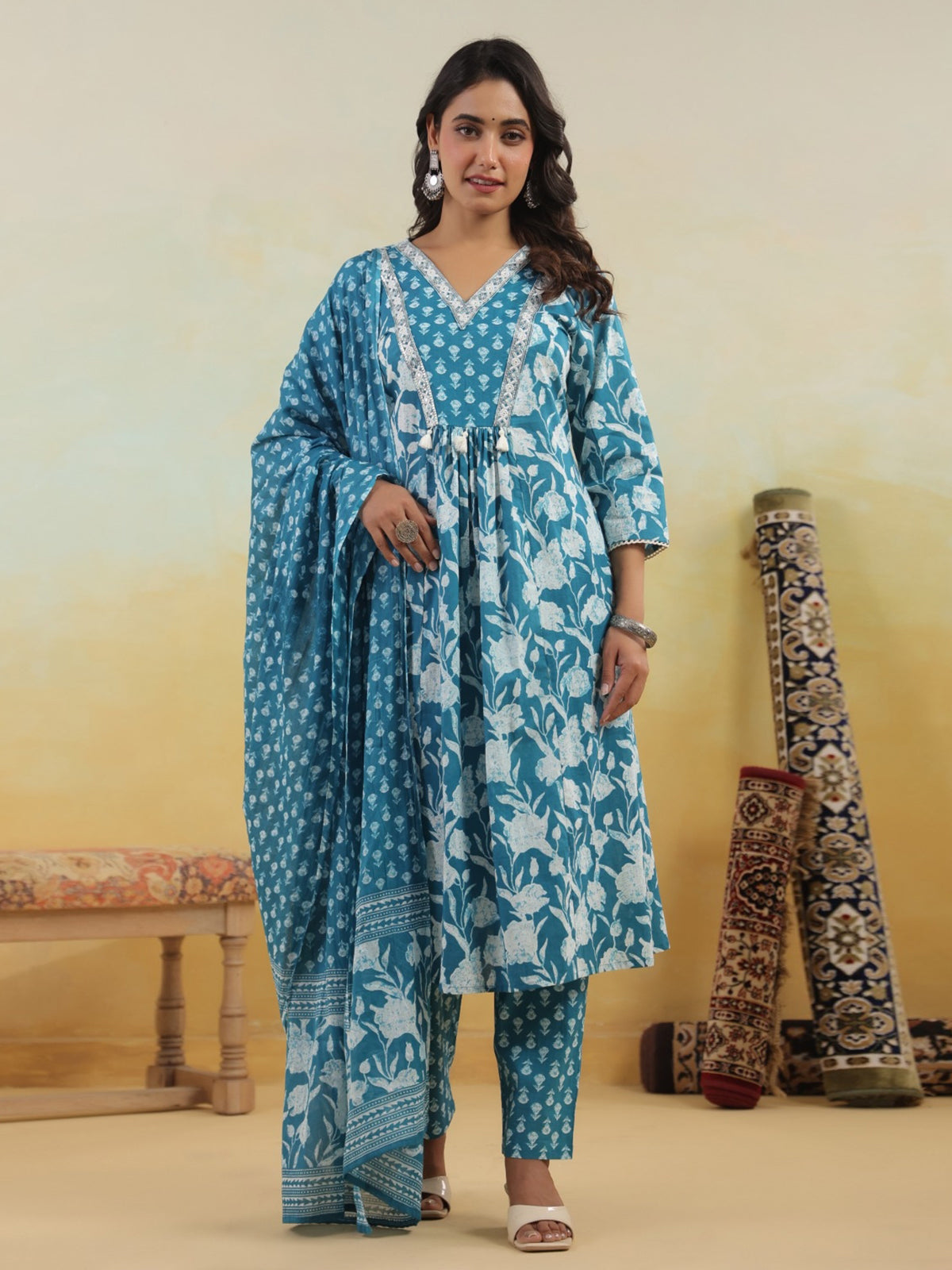 Aqua blue cotton floral yoke kurti set with dupatta