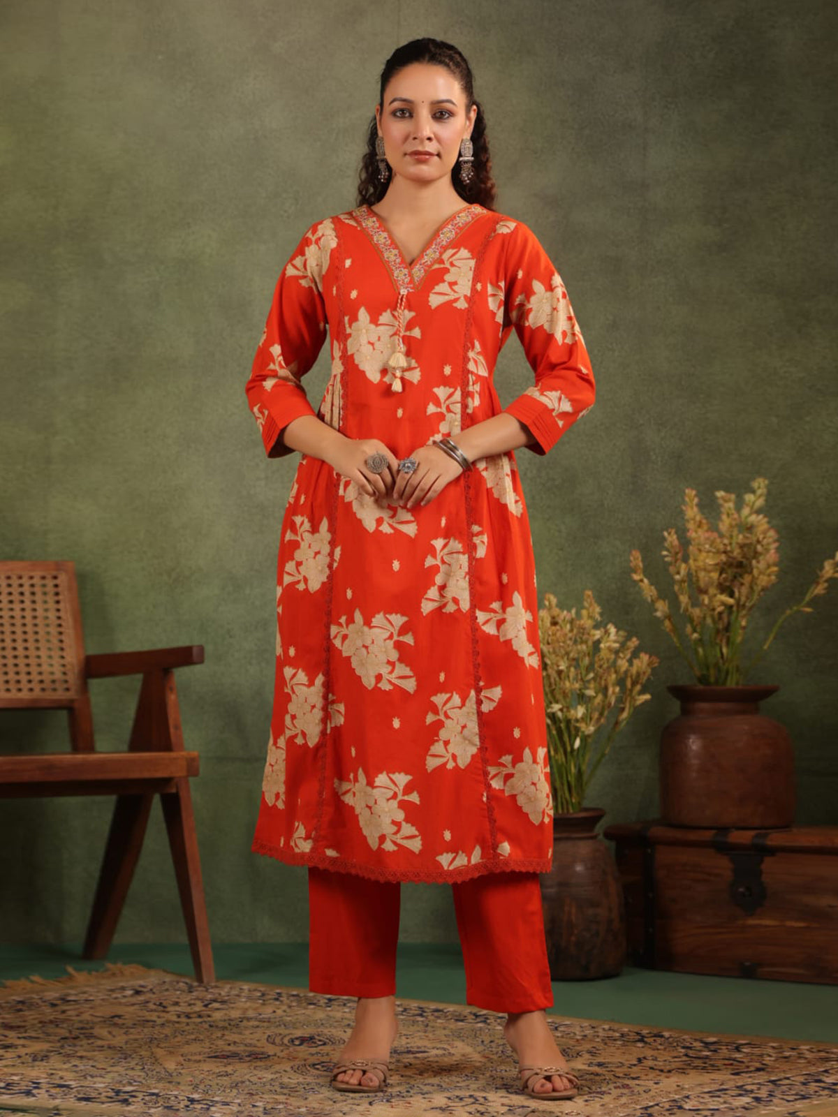 Red silk floral printed festive kurti set with dupatta
