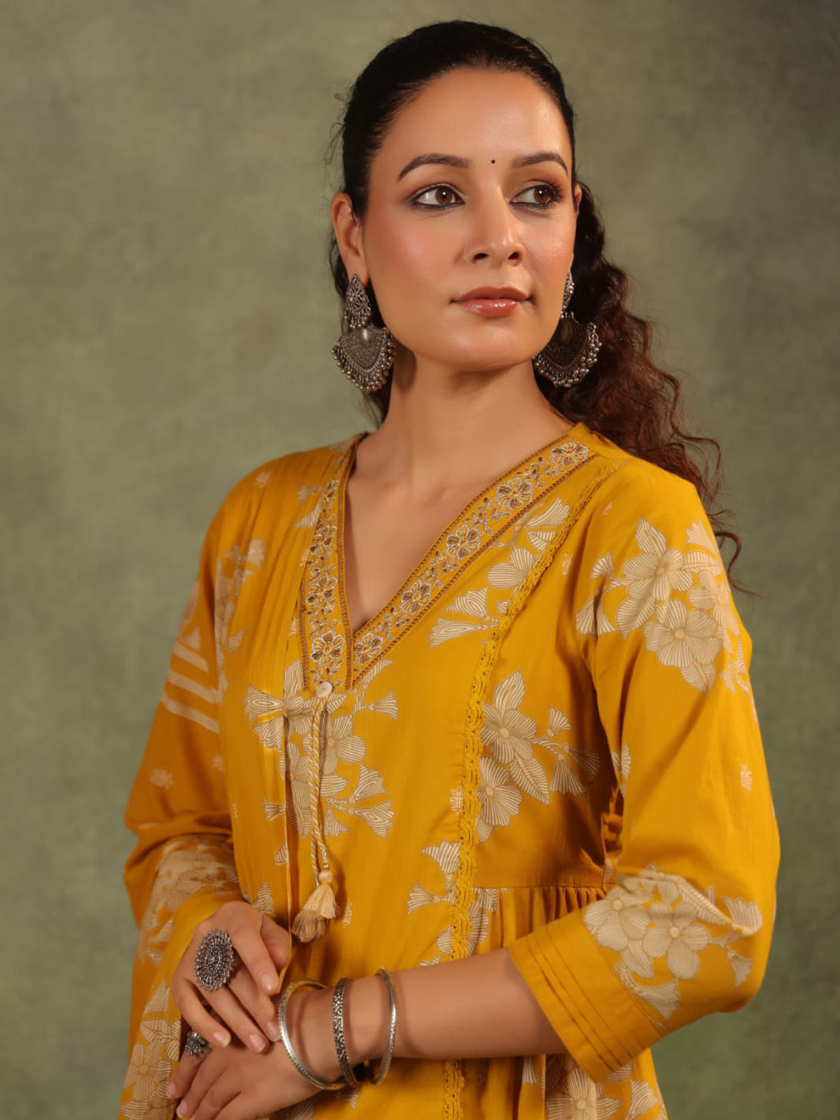 Mustard yellow silk floral printed festive kurti set
