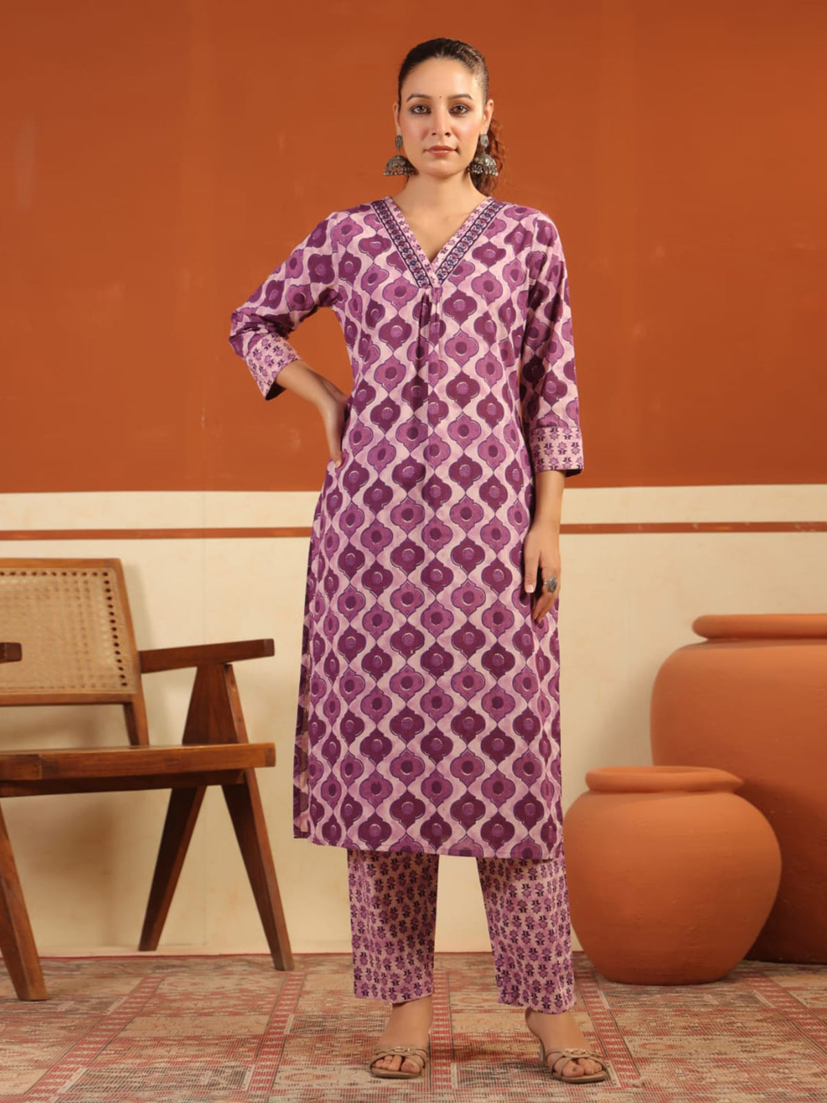 Purple silk floral printed festive kurti set with dupatta