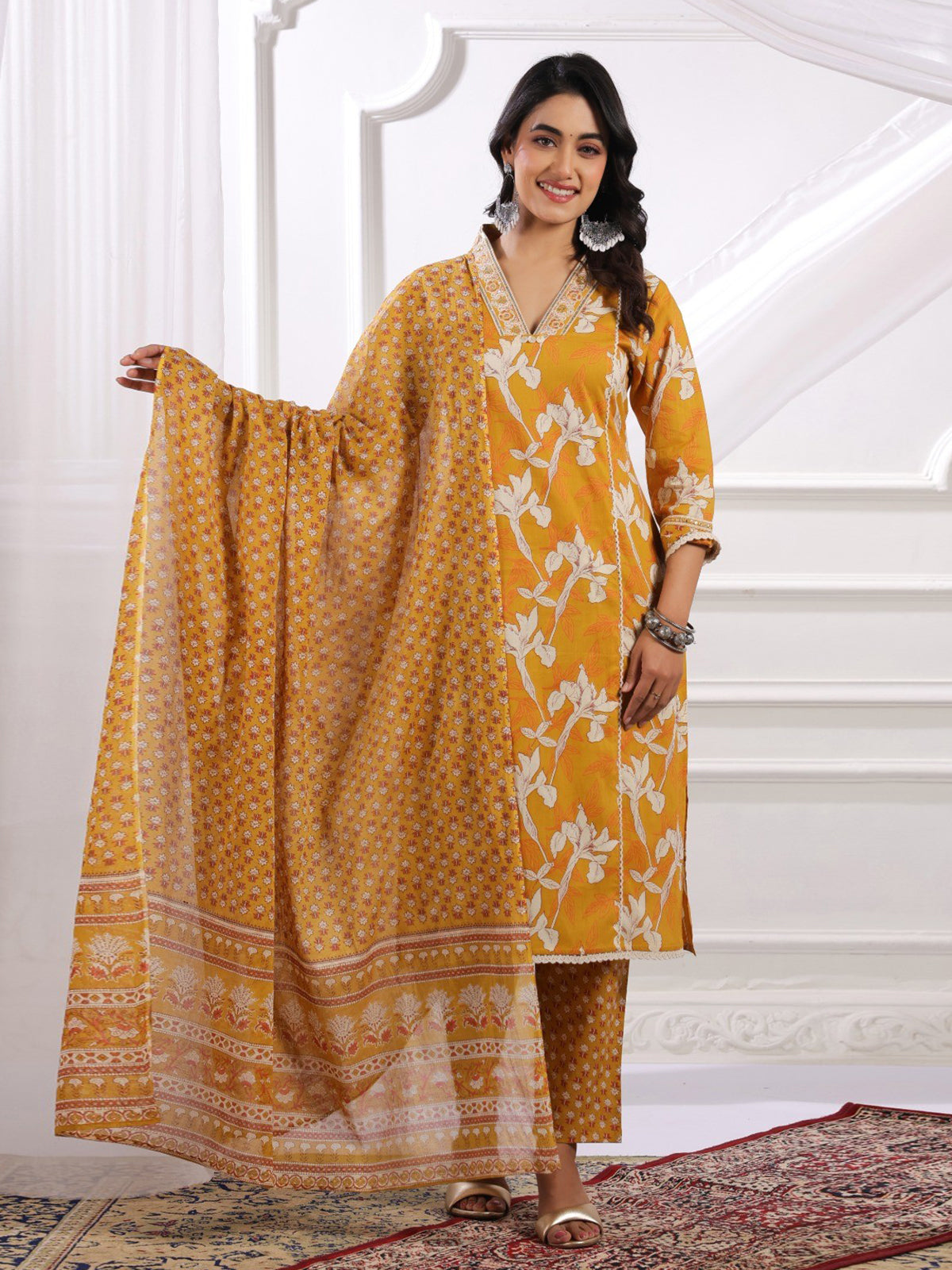 Mustard yellow silk embroidered floral kurti set with dupatta
