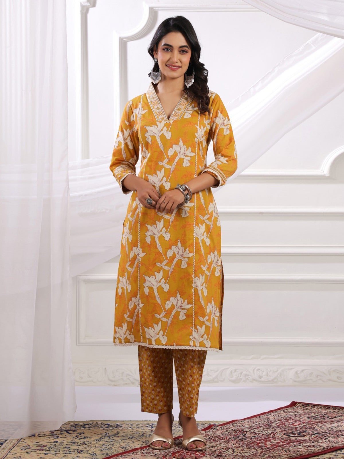 Mustard yellow silk embroidered floral kurti set with dupatta