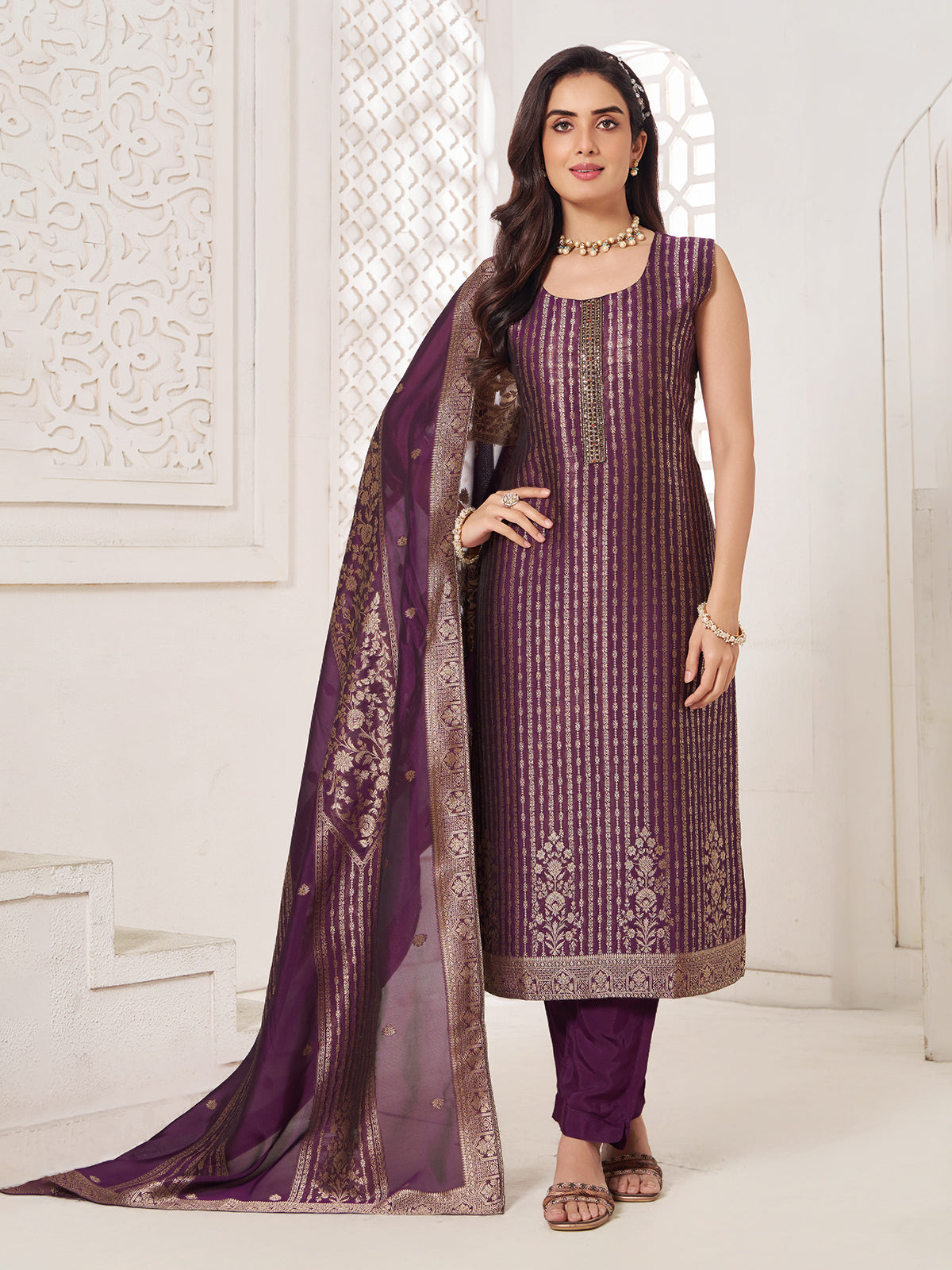 Purple silk festive wear salwar suit with zari shine for women