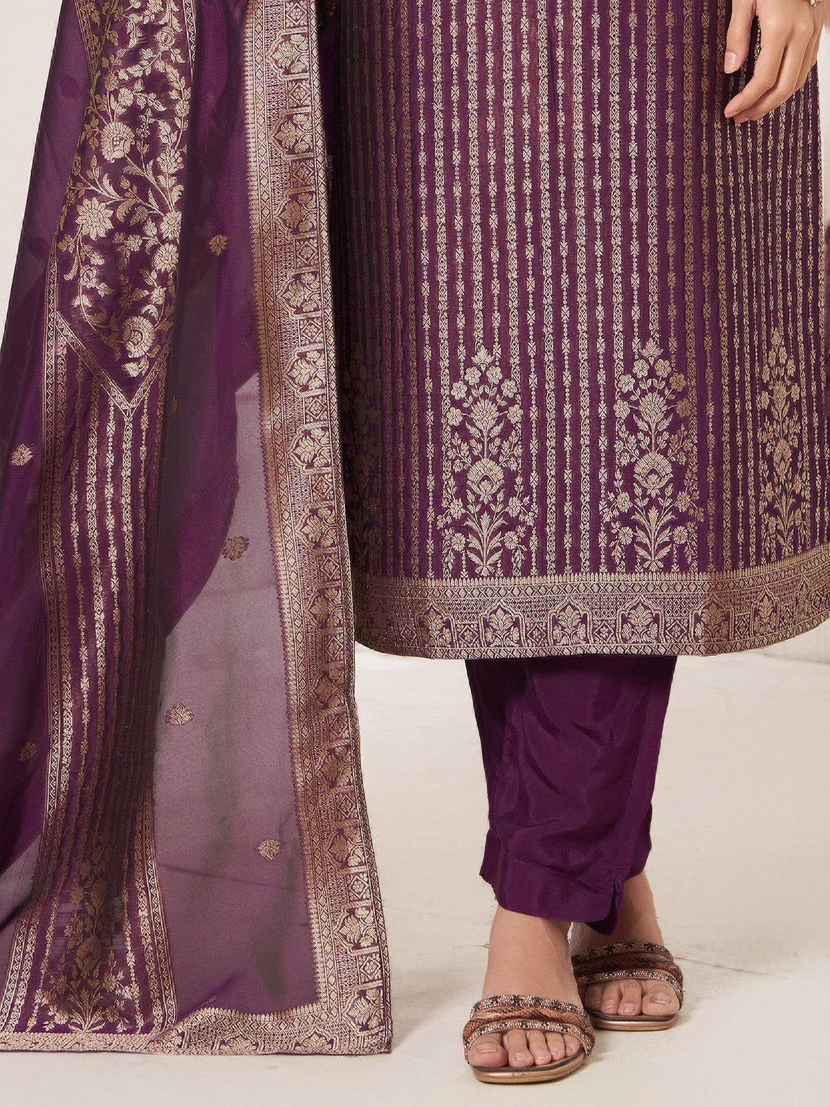 Purple silk festive wear salwar suit with zari shine for women