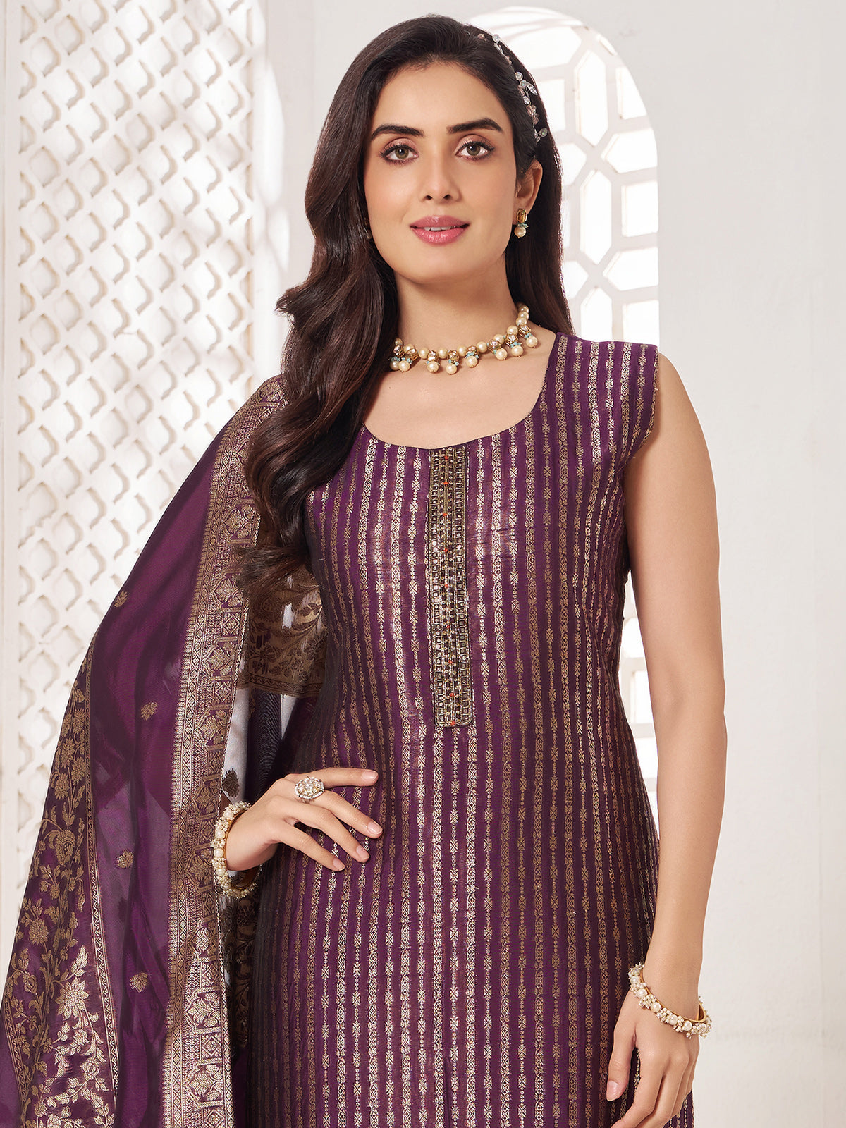Purple silk festive wear salwar suit with zari shine for women