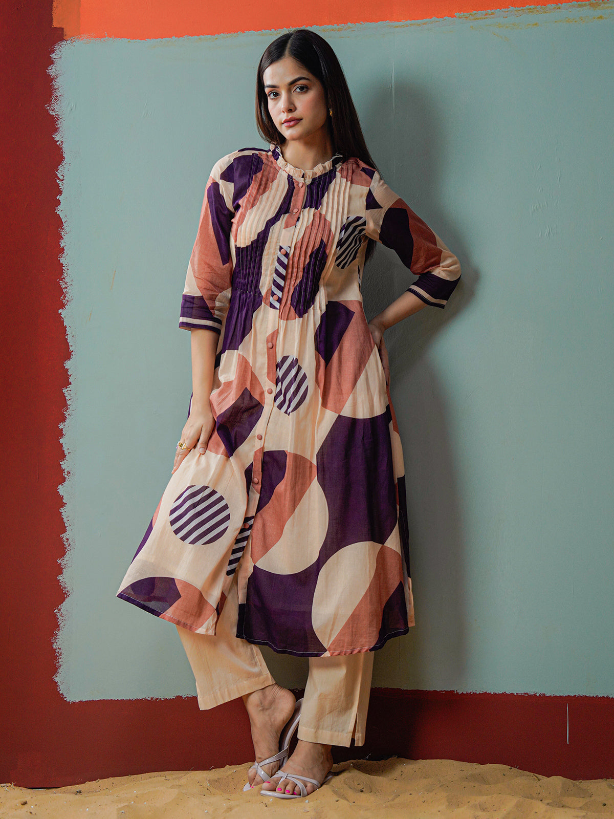 Cream purple cotton printed kurti set with stand collar