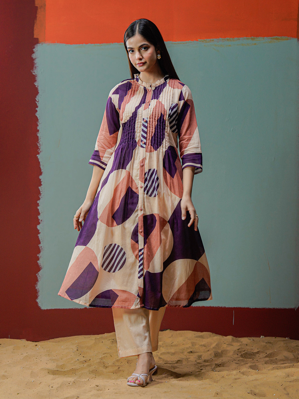 Cream purple cotton printed kurti set with stand collar