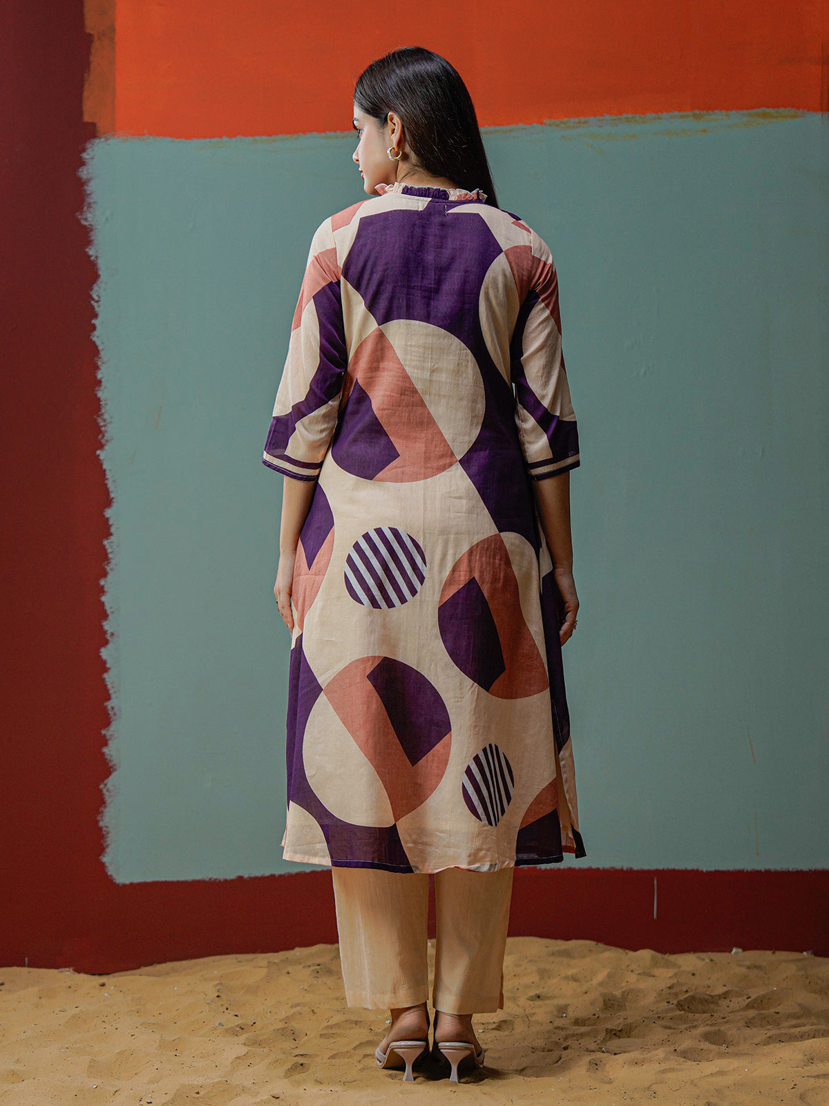 Cream purple cotton printed kurti set with stand collar