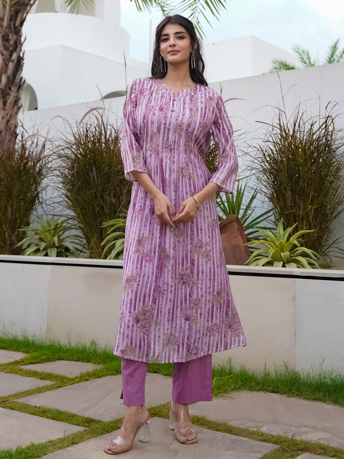 Purple silk floral printed kurti set for festive wear
