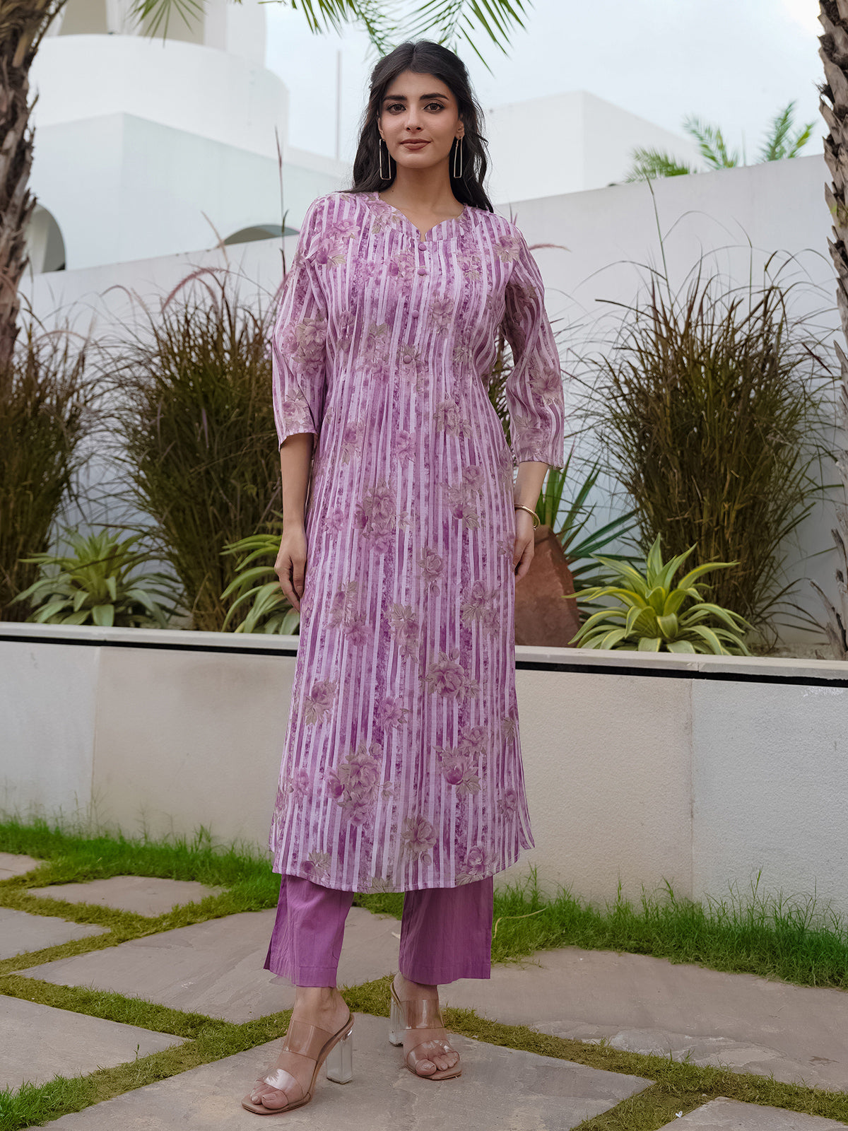 Purple silk floral printed kurti set for festive wear