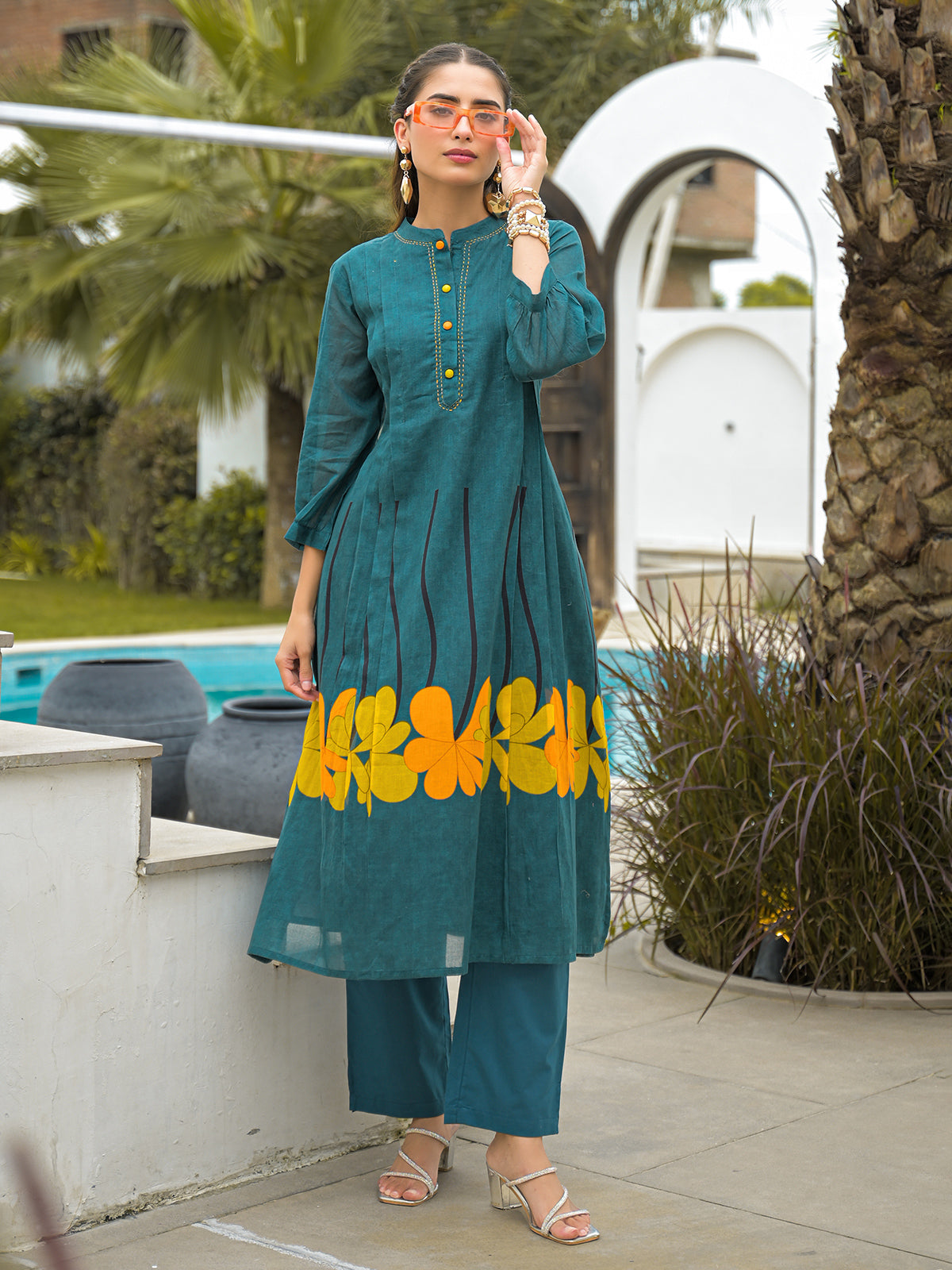 Rama green cotton floral printed kurti set with pant