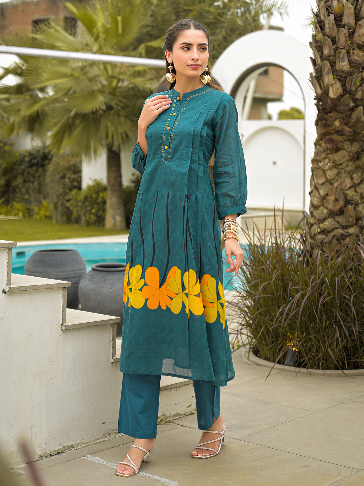 Rama green cotton floral printed kurti set with pant