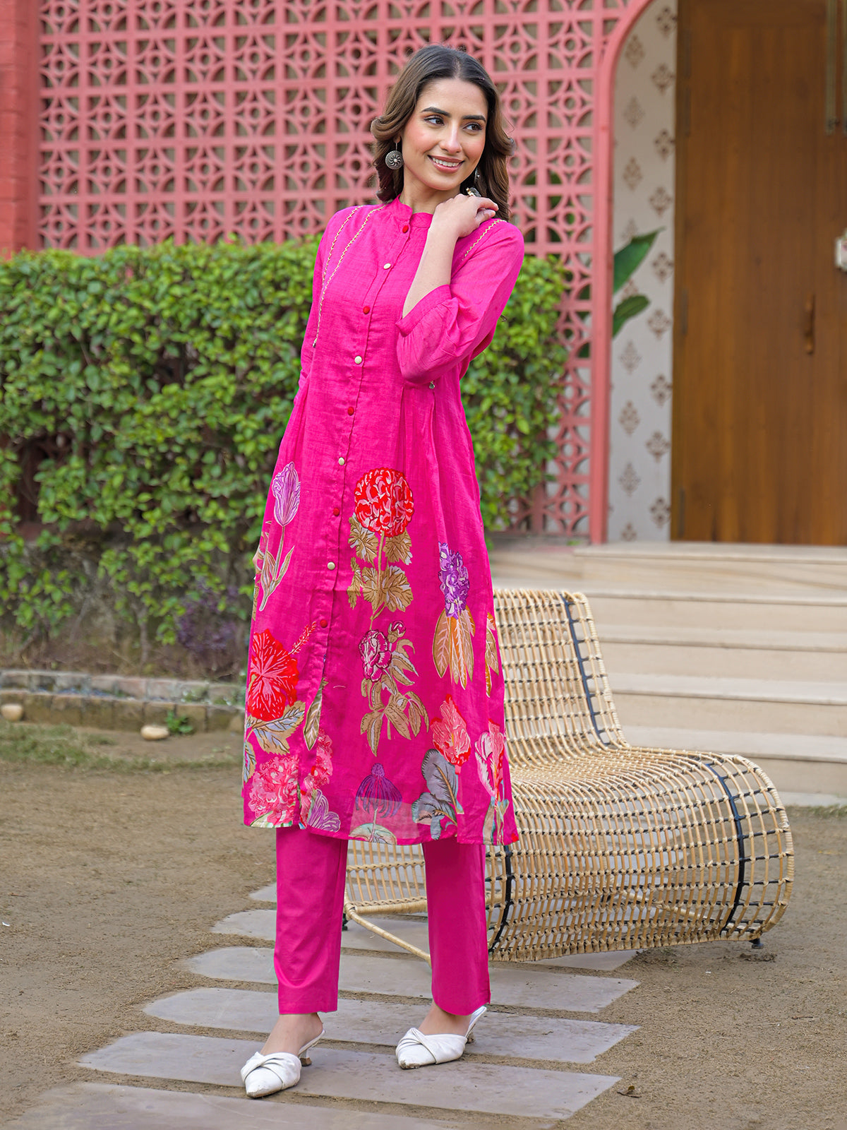 Rani pink silk floral printed kurti set for festive