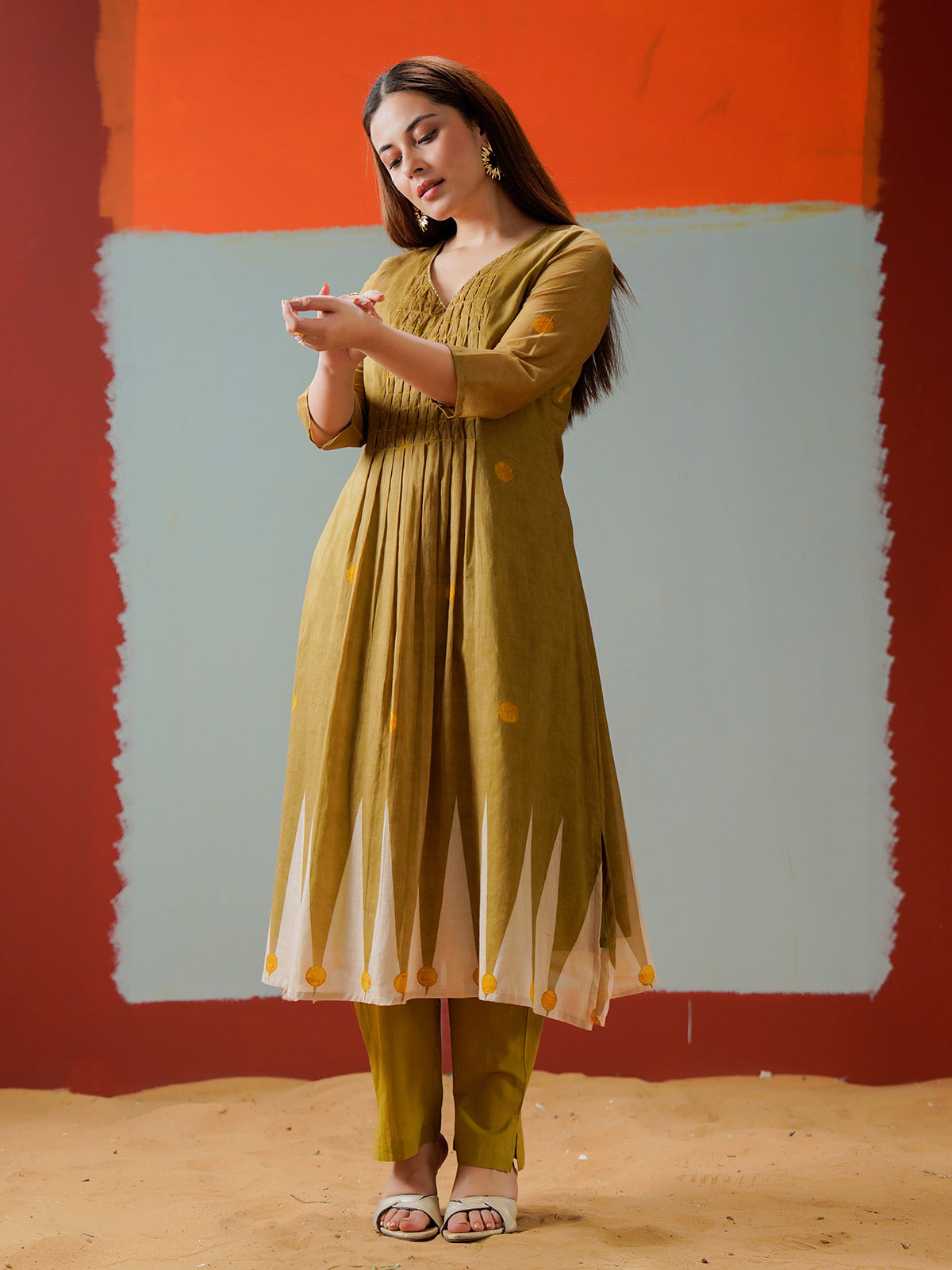 Mehendi olive cotton yoke style kurti set for casual
