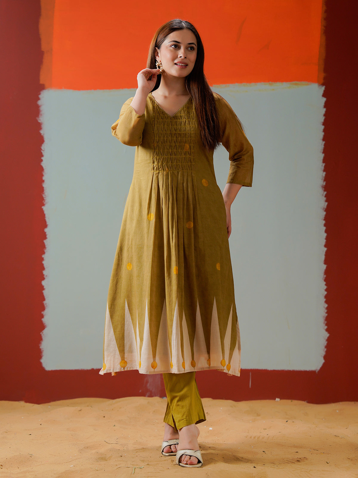 Mehendi olive cotton yoke style kurti set for casual