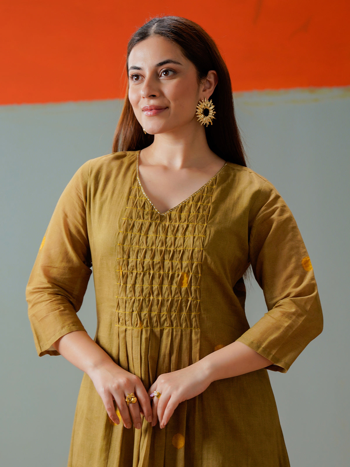 Mehendi olive cotton yoke style kurti set for casual