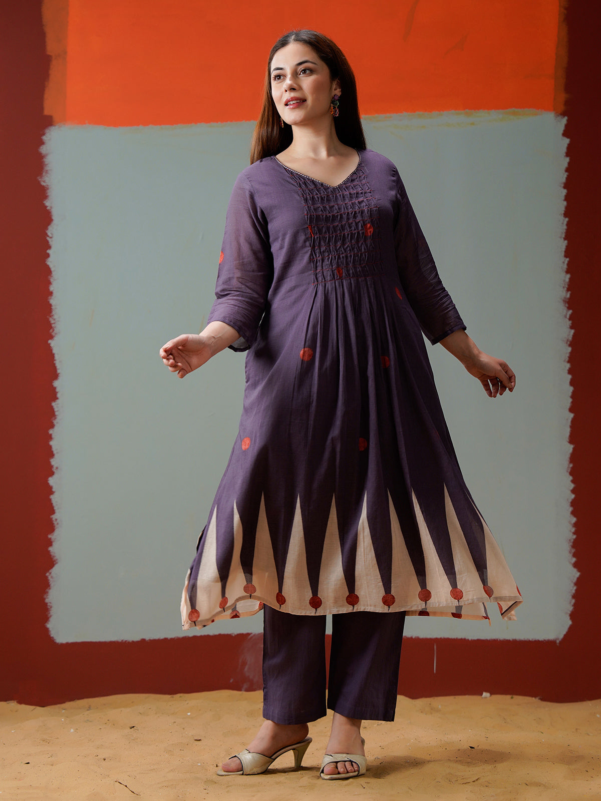 Purple cotton yoke style printed kurti set with pant
