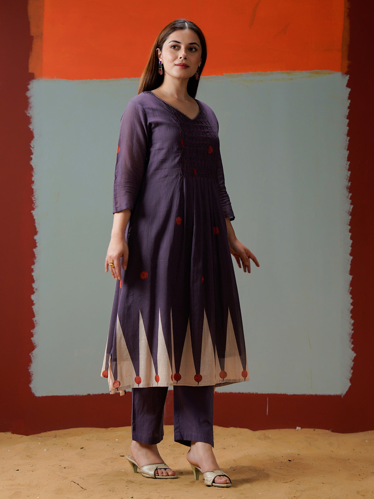 Purple cotton yoke style printed kurti set with pant