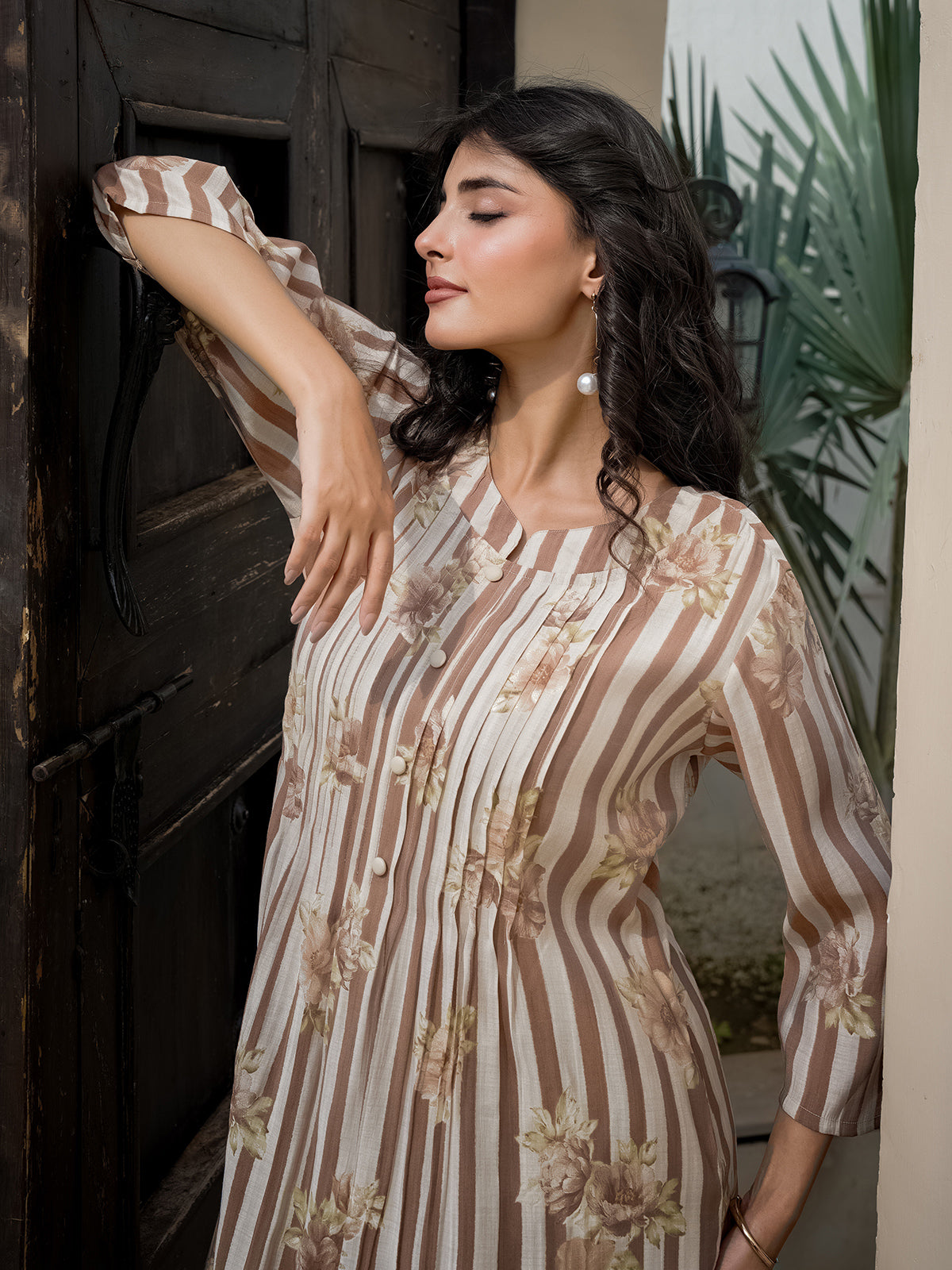 Off white brown georgette floral kurti set for festive