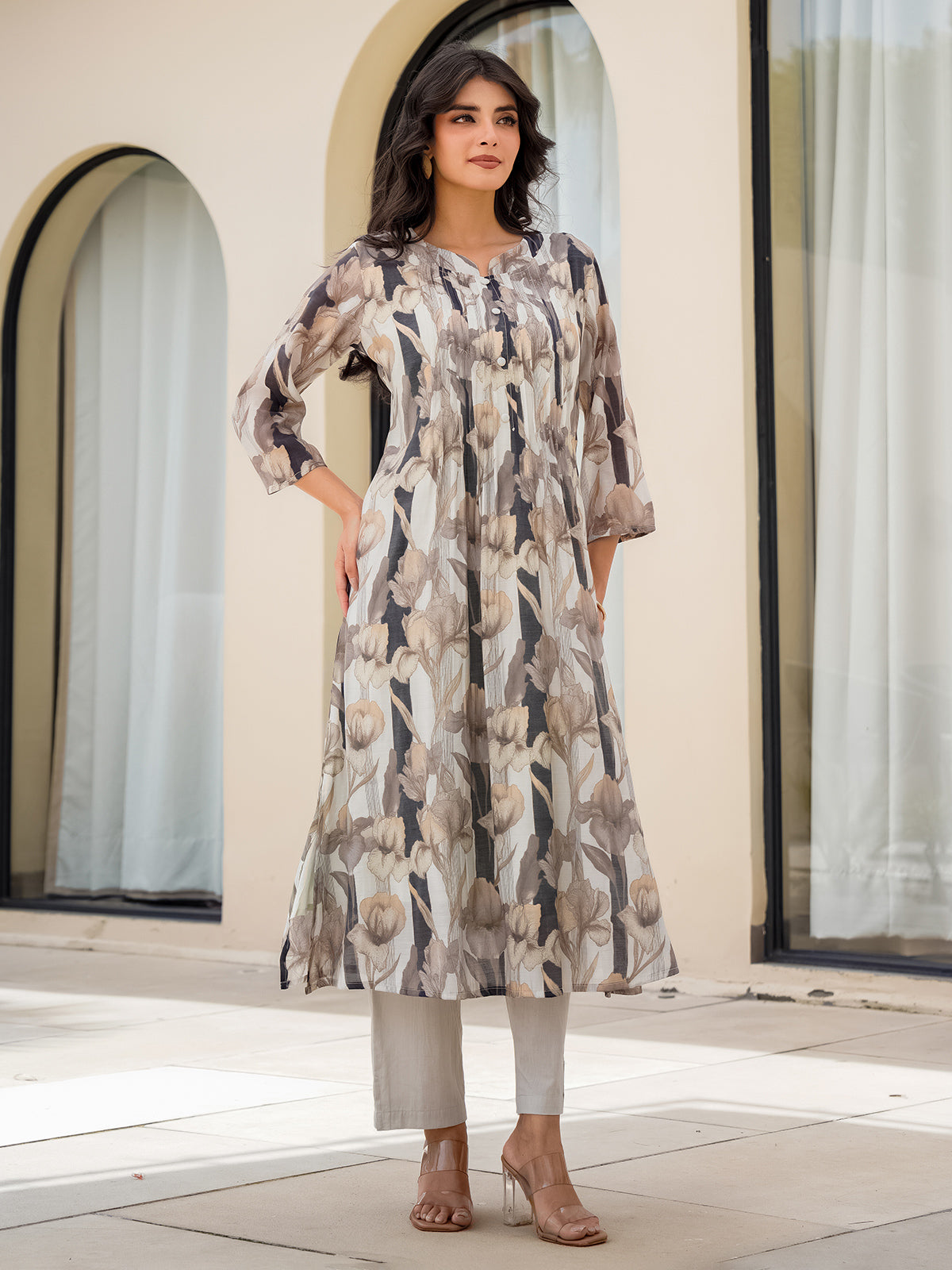 Off white silk floral printed kurti set for elegant wear