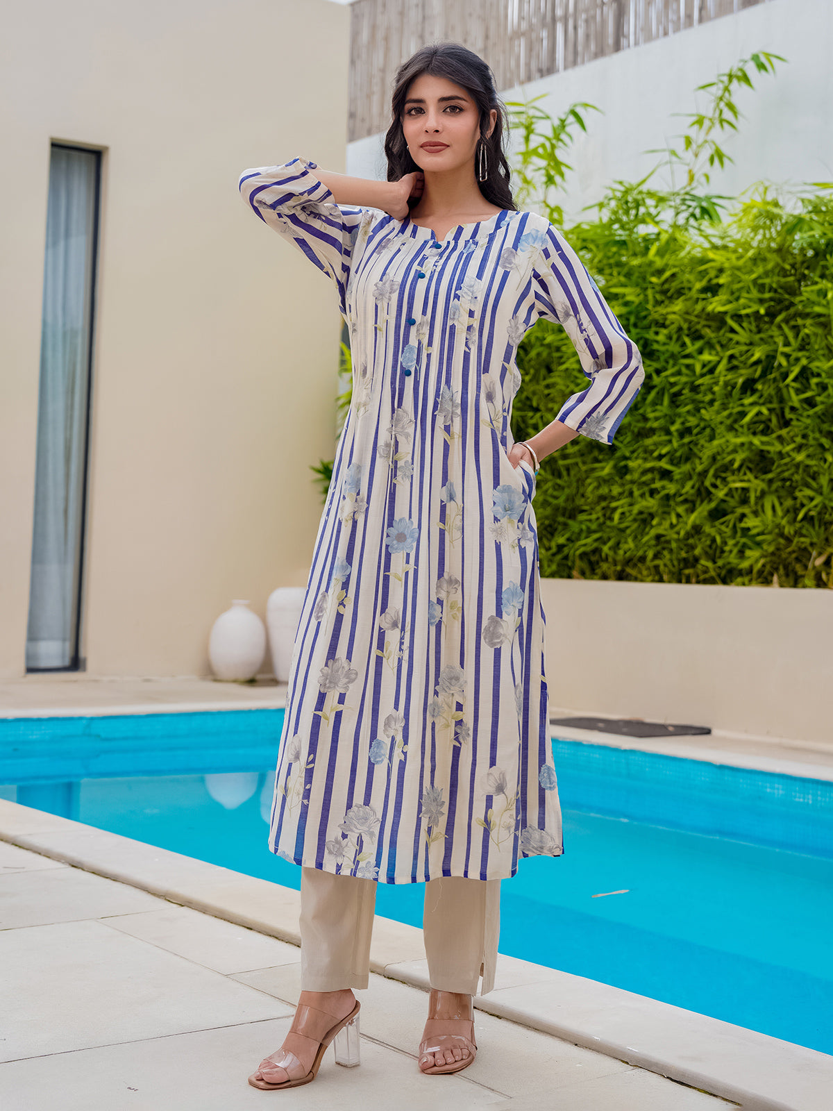 Off white blue silk floral printed kurti set for festive