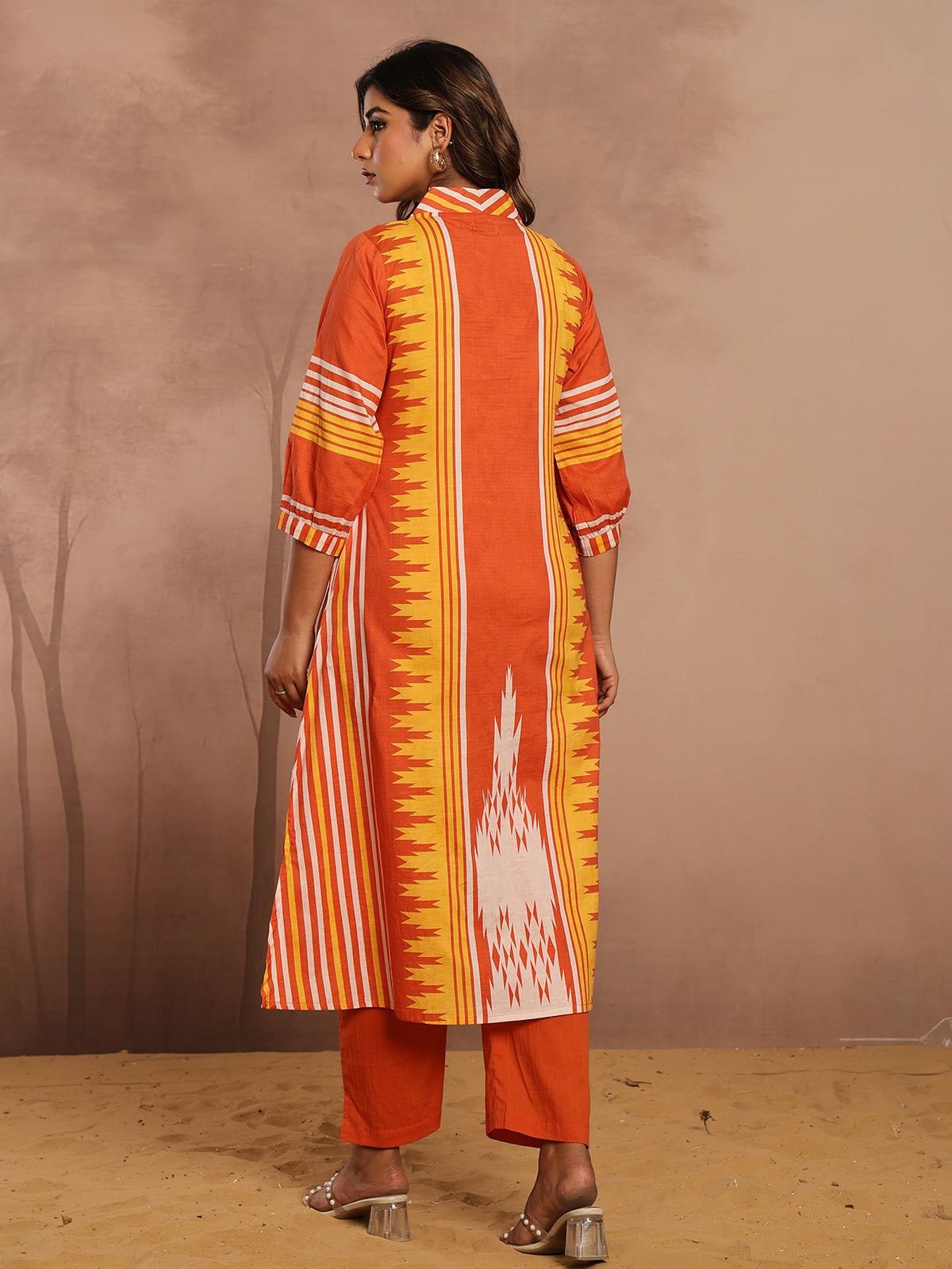 Orange silk printed kurti set for casual festive wear