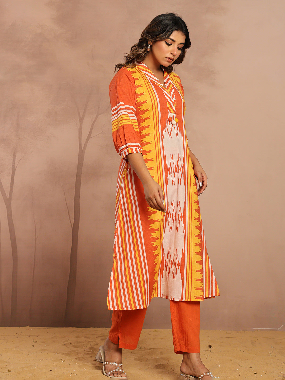 Orange silk printed kurti set for casual festive wear