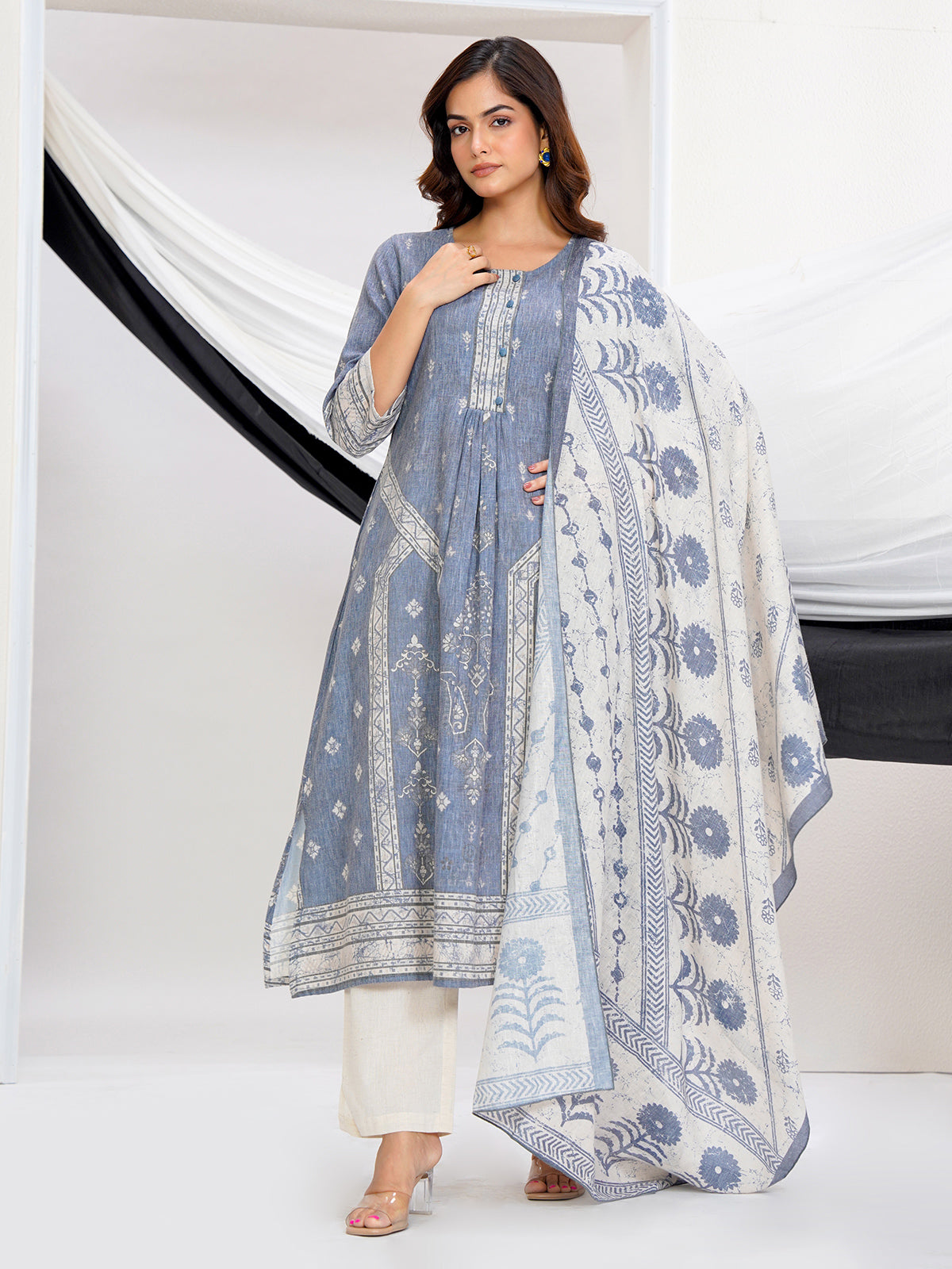 Stone grey linen printed kurti set with dupatta design
