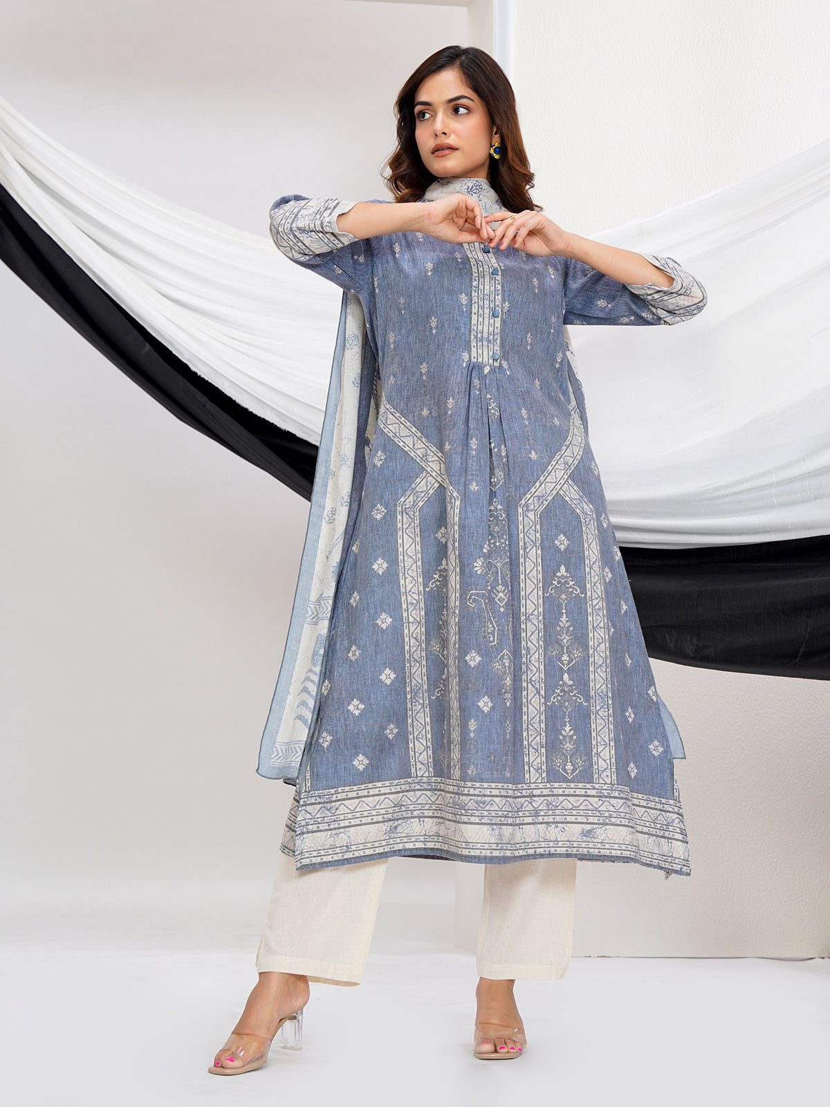 Stone grey linen printed kurti set with dupatta design