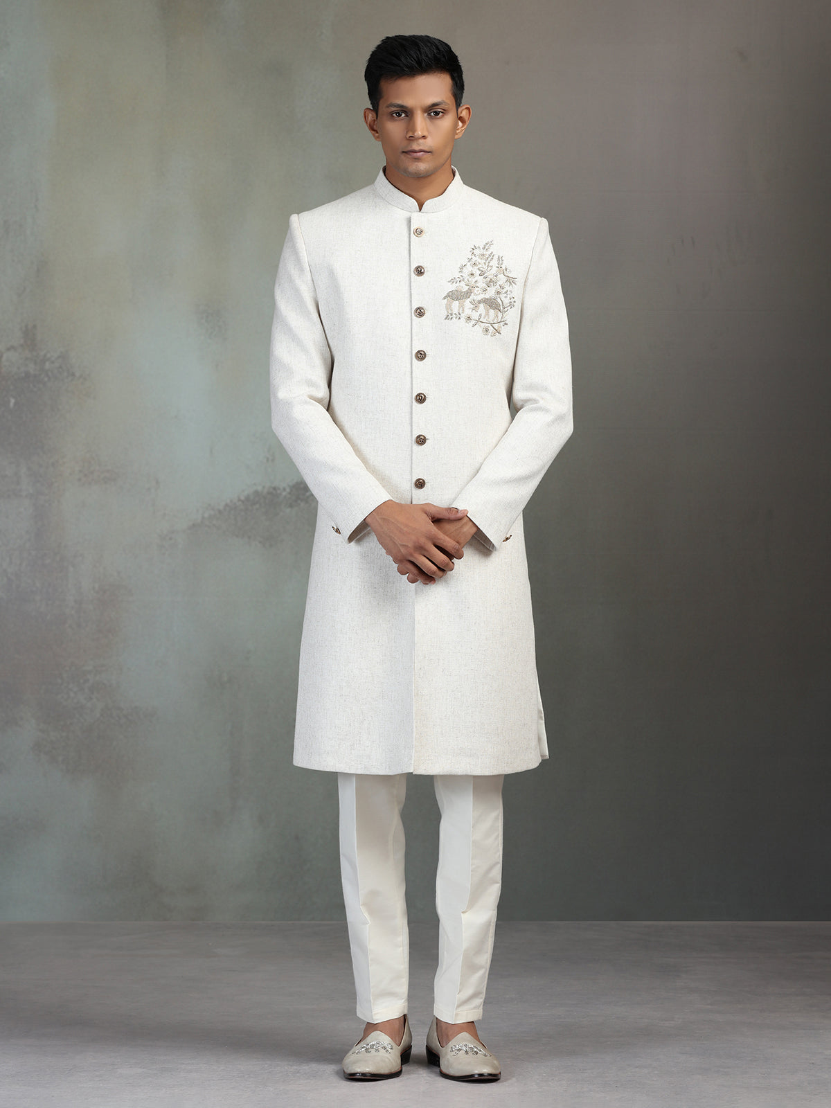 Cream silk wedding wear sherwani for men