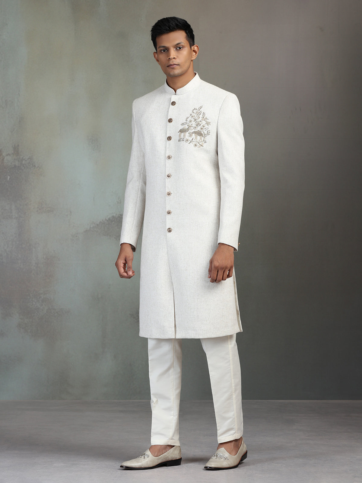 Cream silk wedding wear sherwani for men