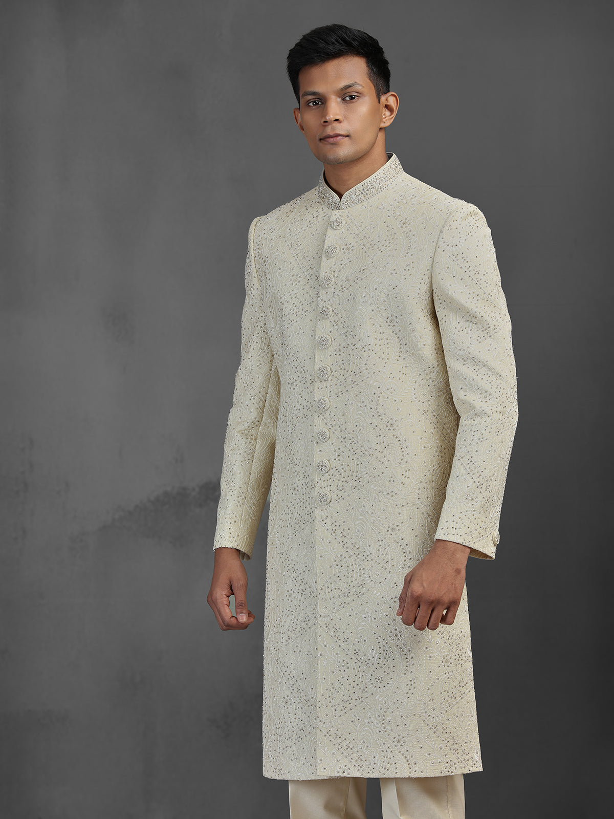 Cream silk wedding sherwani with embroidery