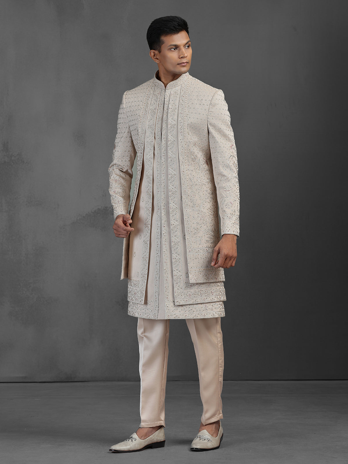 Gold silk layered sherwani for men