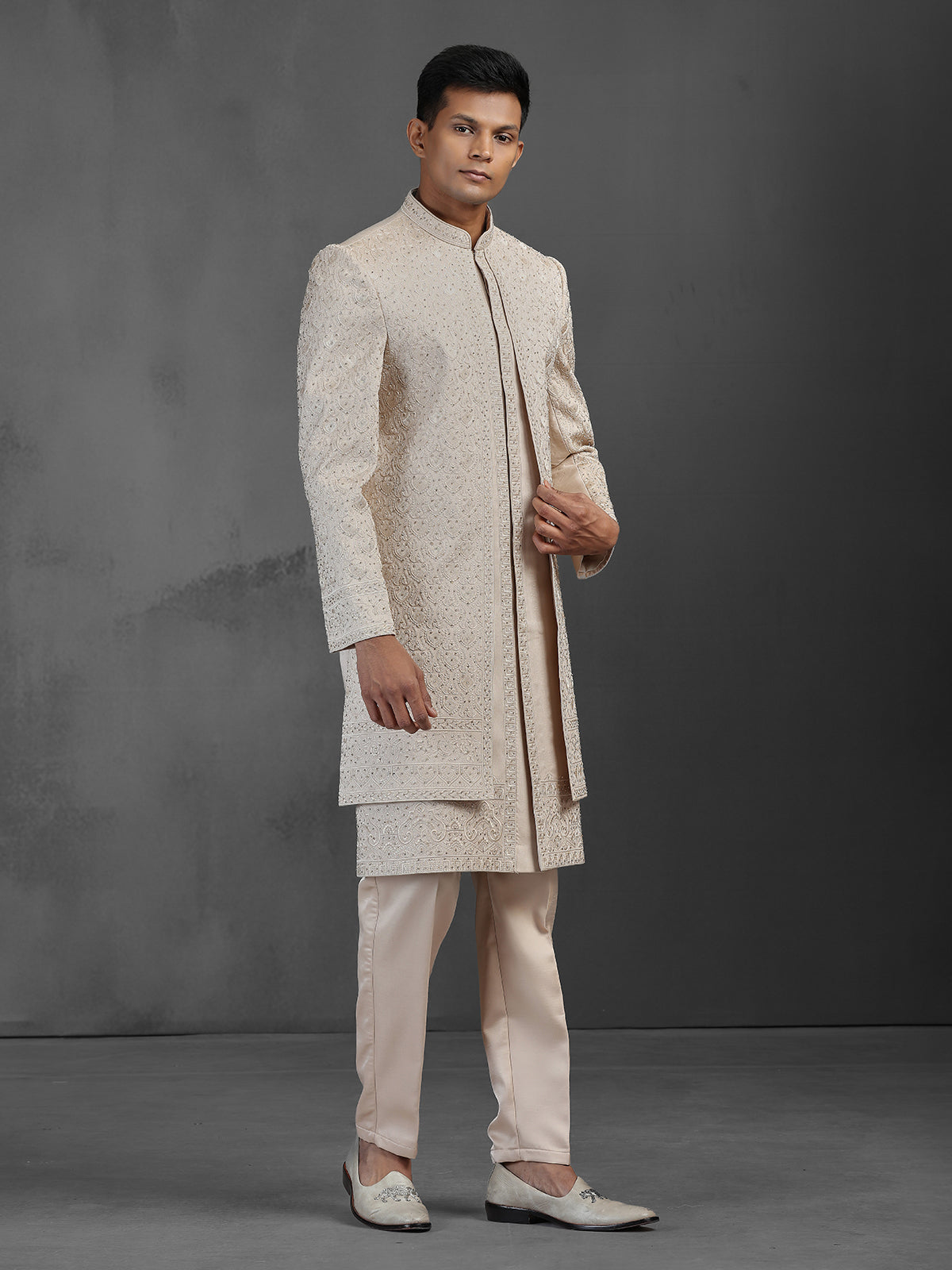 Gold silk layered sherwani for men