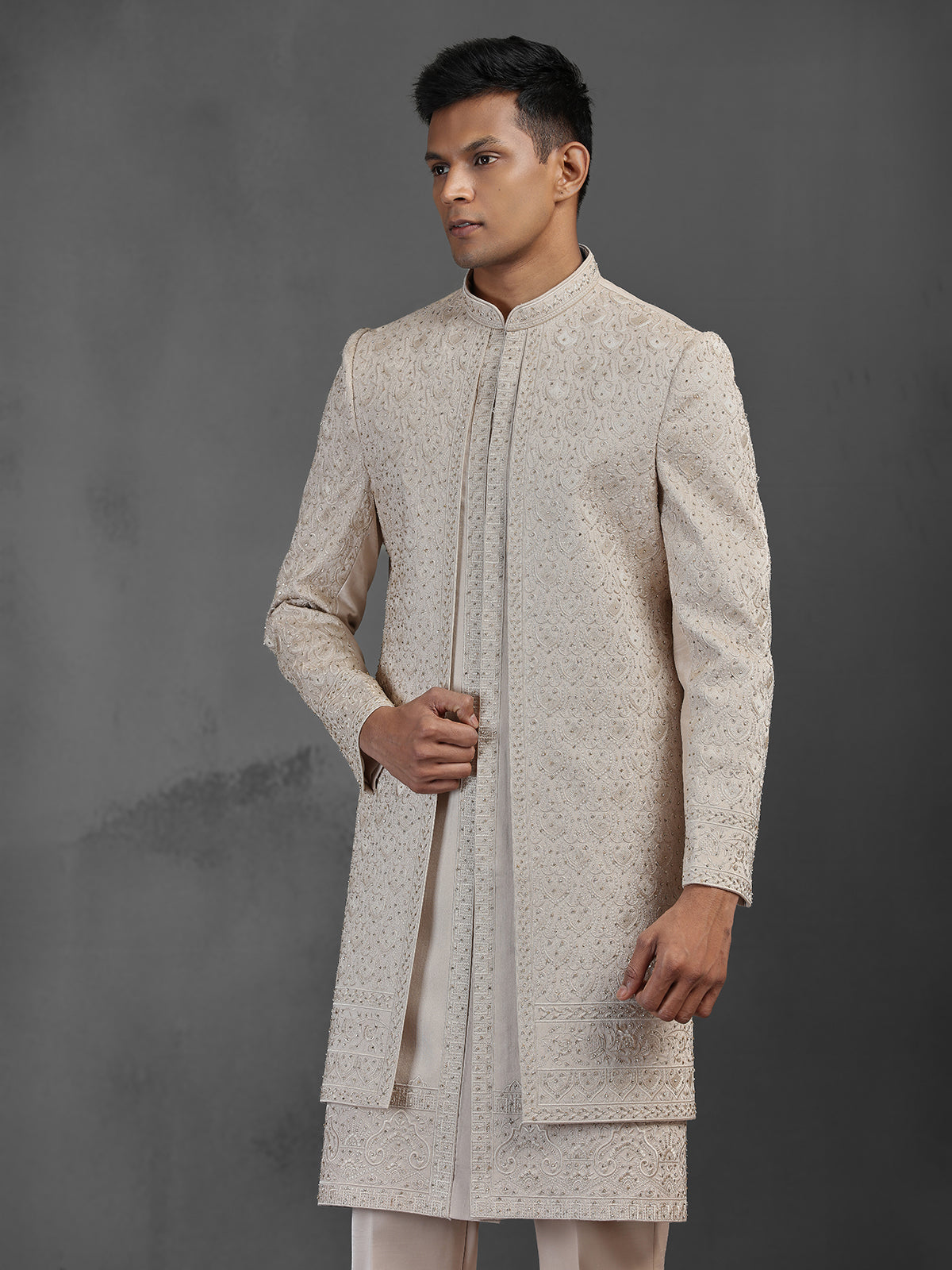 Gold silk layered sherwani for men