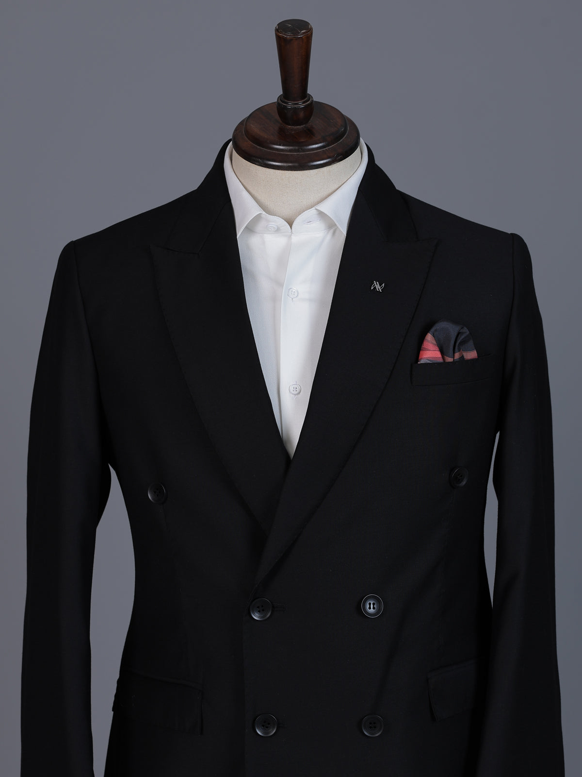 Classic black formal double breasted suit with bold peak lapel