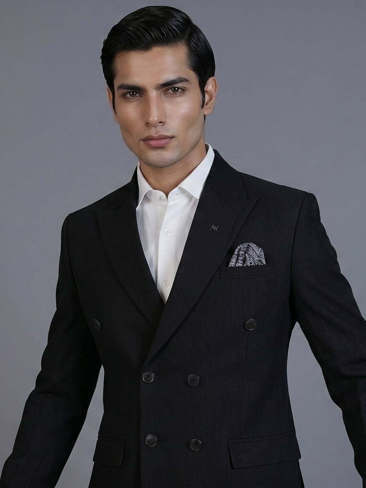 Black pinstripe formal double breasted suit with wide peak lapel