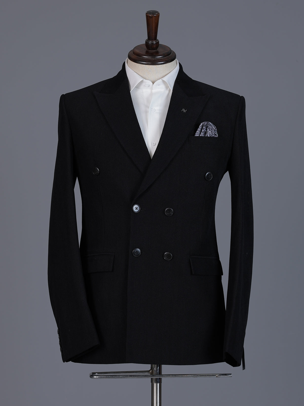 Black pinstripe formal double breasted suit with wide peak lapel