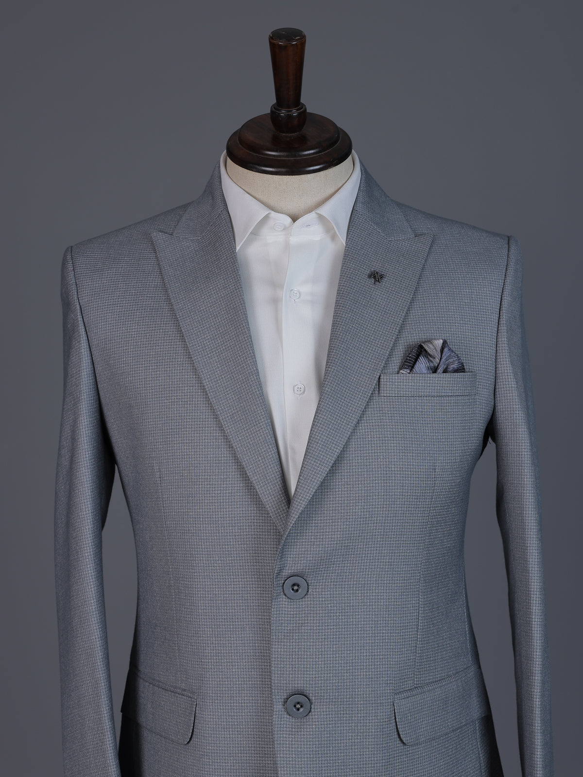 Grey designer coat suit with micro pattern notch lapel