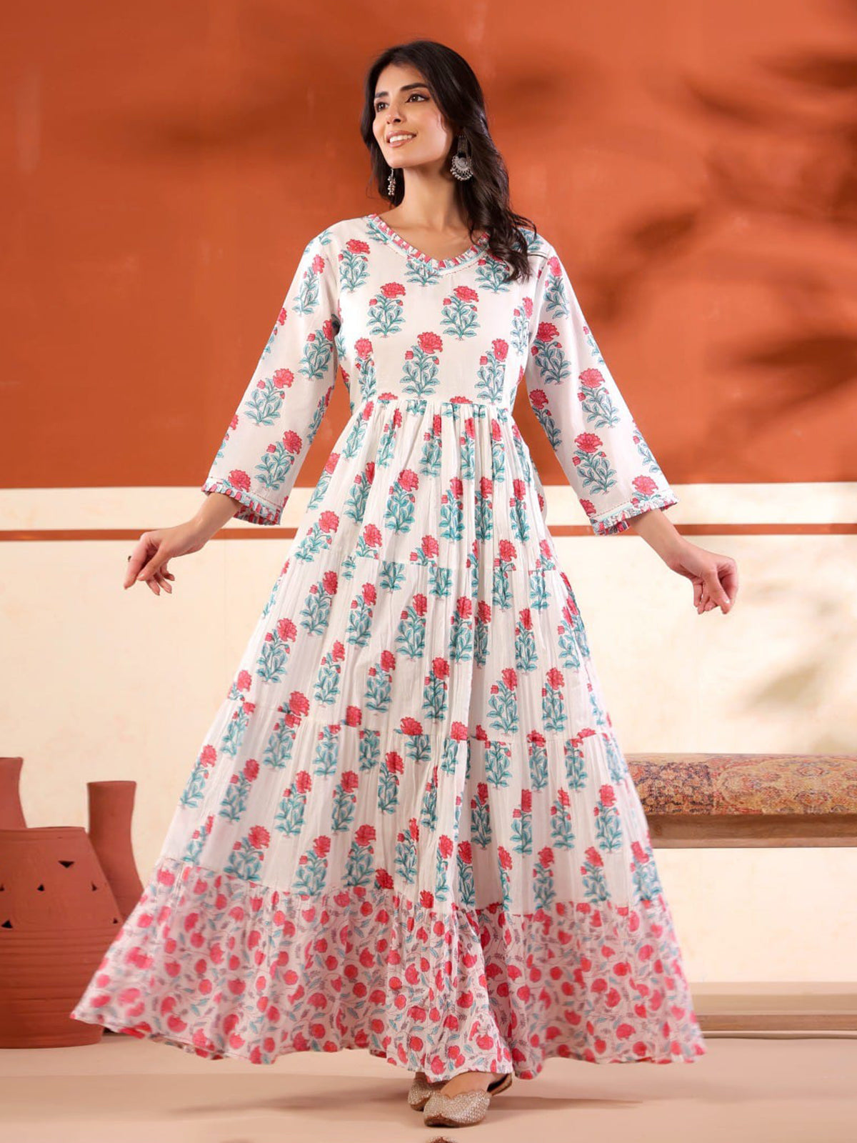 White cotton silk long kurti with pink and blue prints