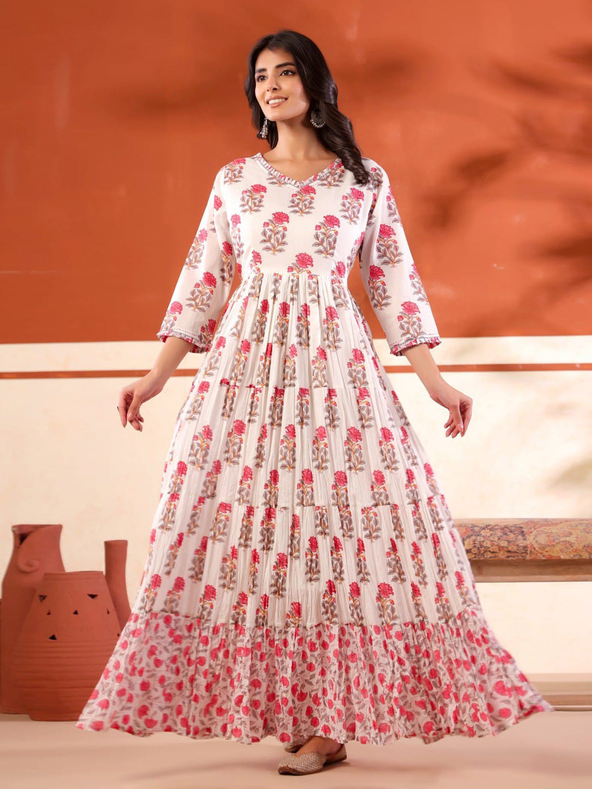 White cotton silk long kurti with pink floral prints