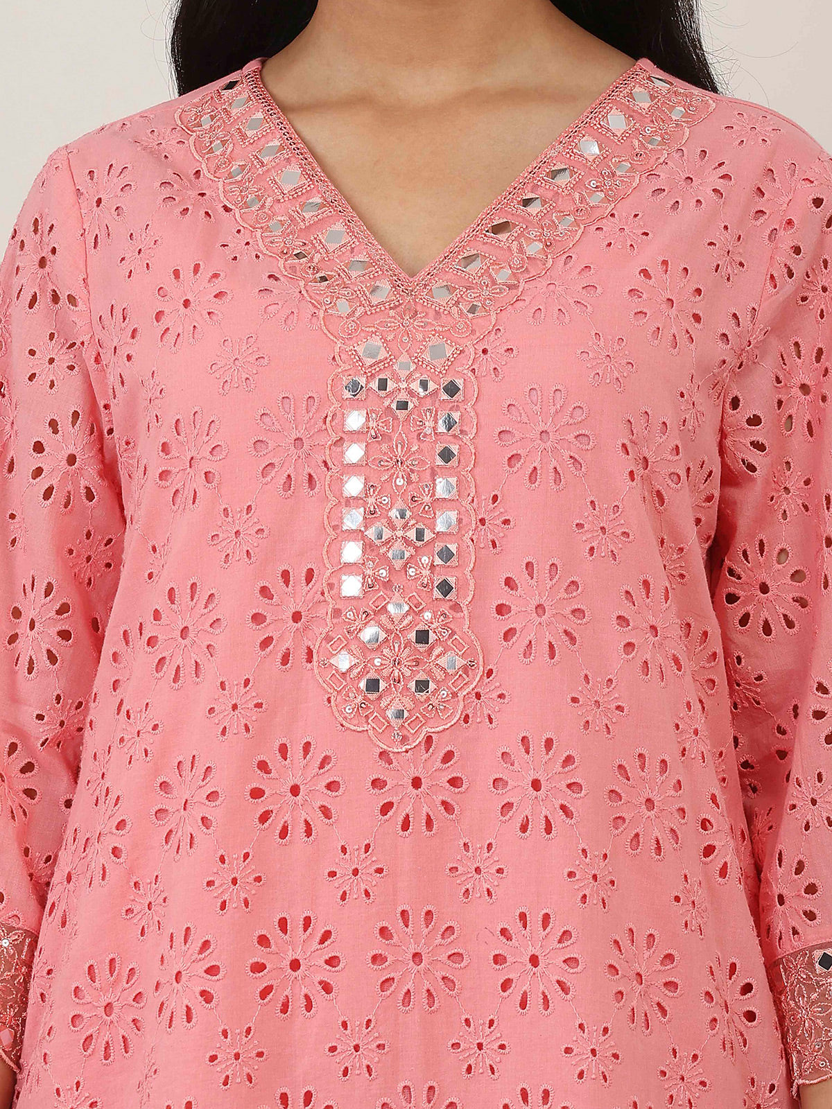 Pink cotton kurti set with embroidery and aabla work